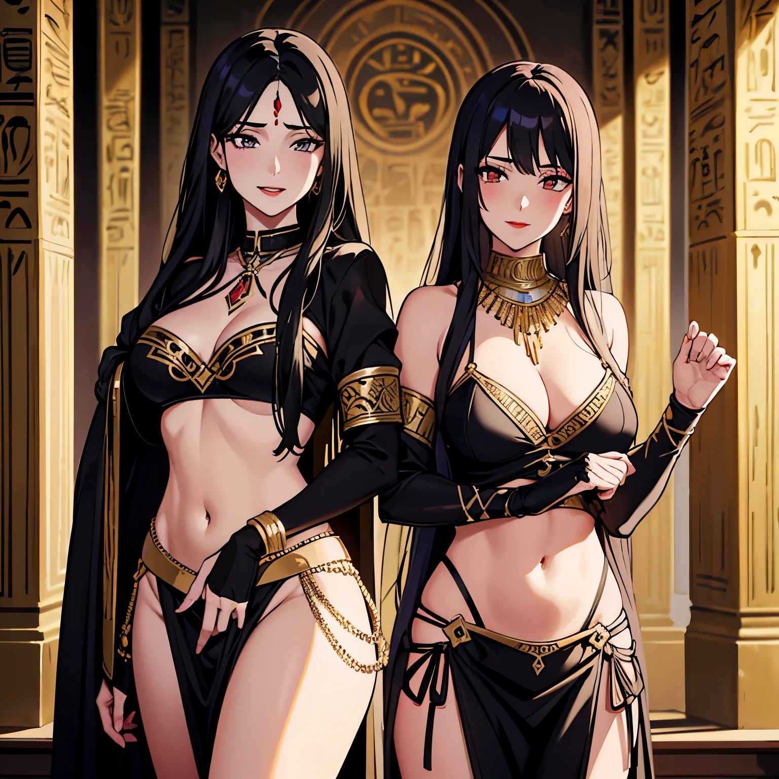 2 girl, two girl, Sexy woman, long hair, sexy eyes, red lips, sexually aroused expression, lustful expression, medium breast, blush, lipstick, masterpiece, best quality, highly detailed ,glint,halterneck,gold_choker, complex detailed background,
inside, stone wall, ancient interior, ancient egyptian room, hieroglyphs, dark lighting, dark
atmosphere, (cowboy shot), holding a sword, sword, belly_chain,harem_outfit,navel, necklace,
pelvic_curtain,revealing_clothes, veil，masterpiece,best quality,1girl,mature,evil smile, smile,
female,mature,necklace,pendant, (nsfw) not safe for work, exposed belly, exposed navel, exposed
midriff, exposed lower belly