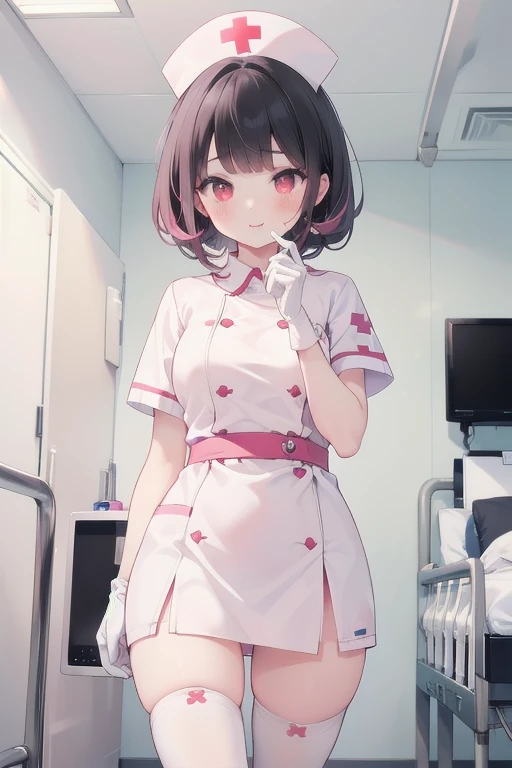 1girl, solo, nurse, nurse cap, white wear, ((white legwear, zettai ryouiki)), white gloves, pink hair, drooping eyes, ((covered nose)), standing, ((hospital room)), sharp outline, short sleeves, best quality, masterpiece,Fleshy,Red eyes,Fleshy,Black hair,happy,lol