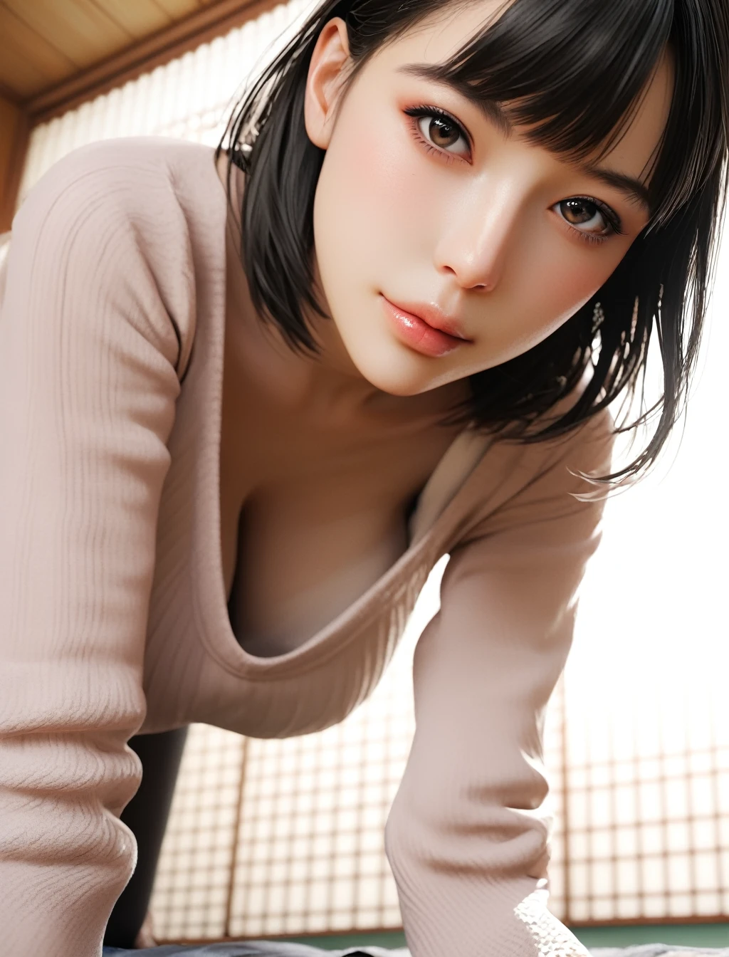 zPDXLrl, score_9, score_8_up, score_7_up, A hyper realistic ultra detailed photo of beautiful woman, photo, 3d,
traditional geisha hair, bangs, black hair, realistic, tightly cropped composition,
(realistic skin:1.1), cute, body, big breasts, perky boobs,
eyes, perfecteyes,
side view,
face focus,
looking at viewer,
bashful, portrait, close up,
Inside a japanese inn, tatami mats, detailed and intricate environment, wearing sweater, geisha makeup, on all fours,
looking at viewer, from below, 