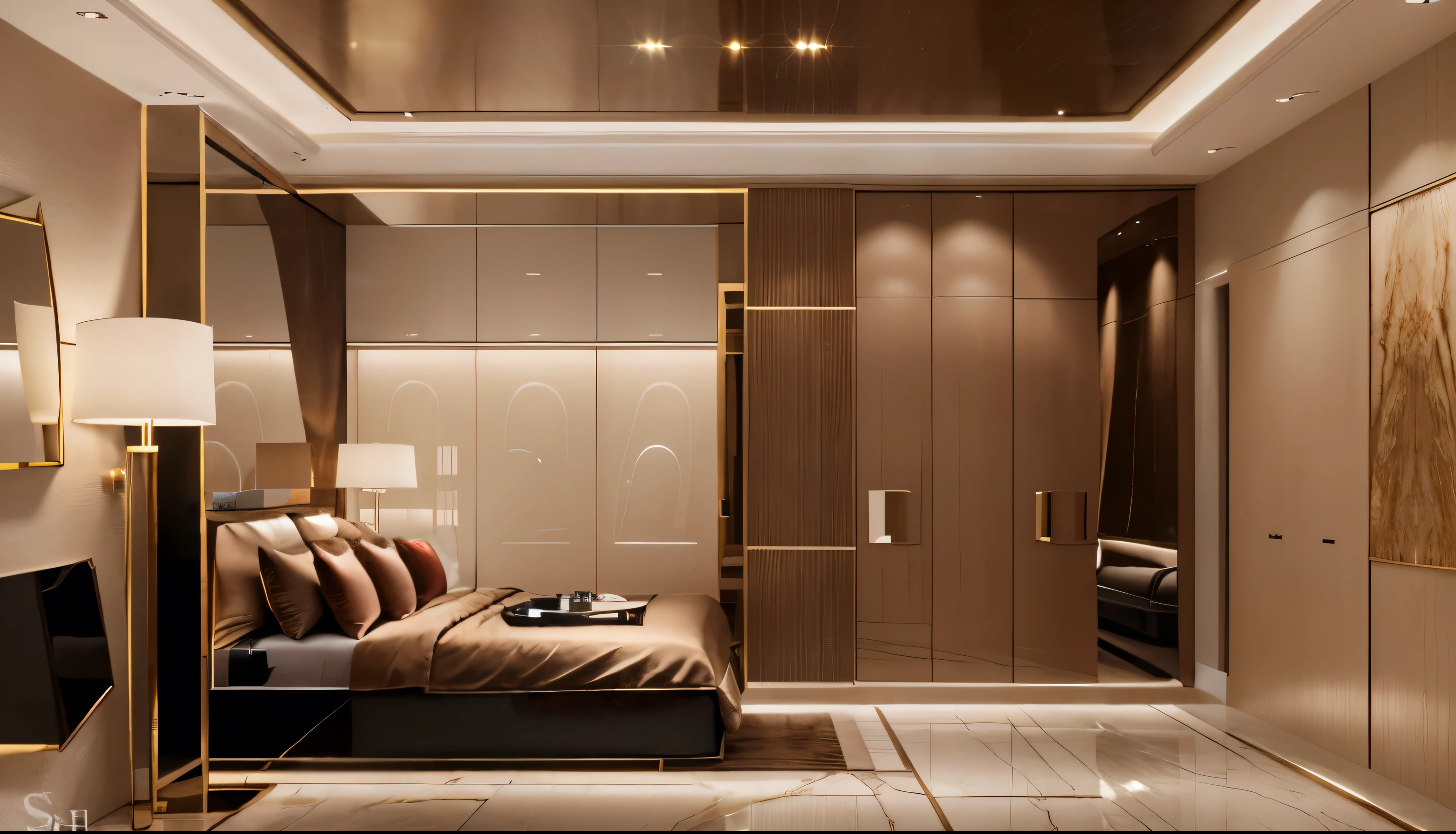 bedroom, interior, luxury interior, masterpiece, high quality, realistic, elegant, nice indoor lighting, vivid color scheme,