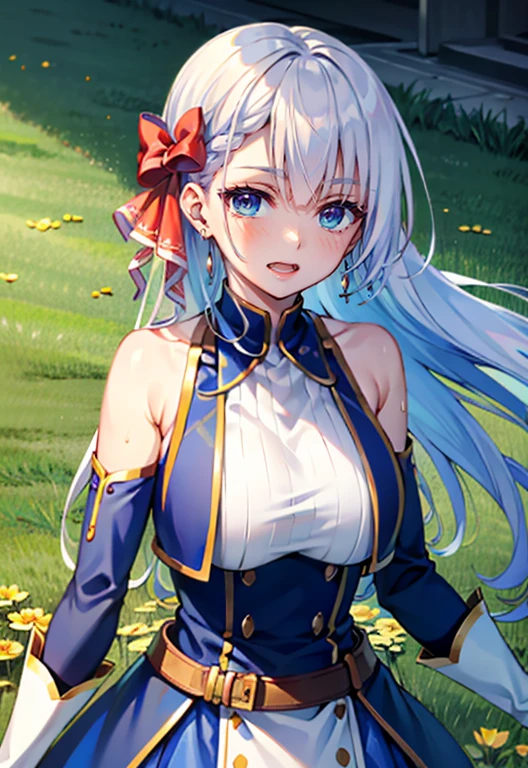 masterpiece, best quality, looking at viewer, focus solo,outdoor, field, flower field, riseliaray, 1girl, looking at audience, solo, standing, smile, open mouth, upper body, eyelashes, arm support, bangs, naked, nipple, bare shoulder, big breasts, blue skirt, virtual youtuber, sweating