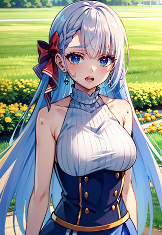 masterpiece, best quality, looking at viewer, focus solo,outdoor, field, flower field, riseliaray, 1girl, looking at audience, solo, standing, smile, open mouth, upper body, eyelashes, arm support, bangs, naked, nipple, bare shoulder, big breasts, blue skirt, virtual youtuber, sweating