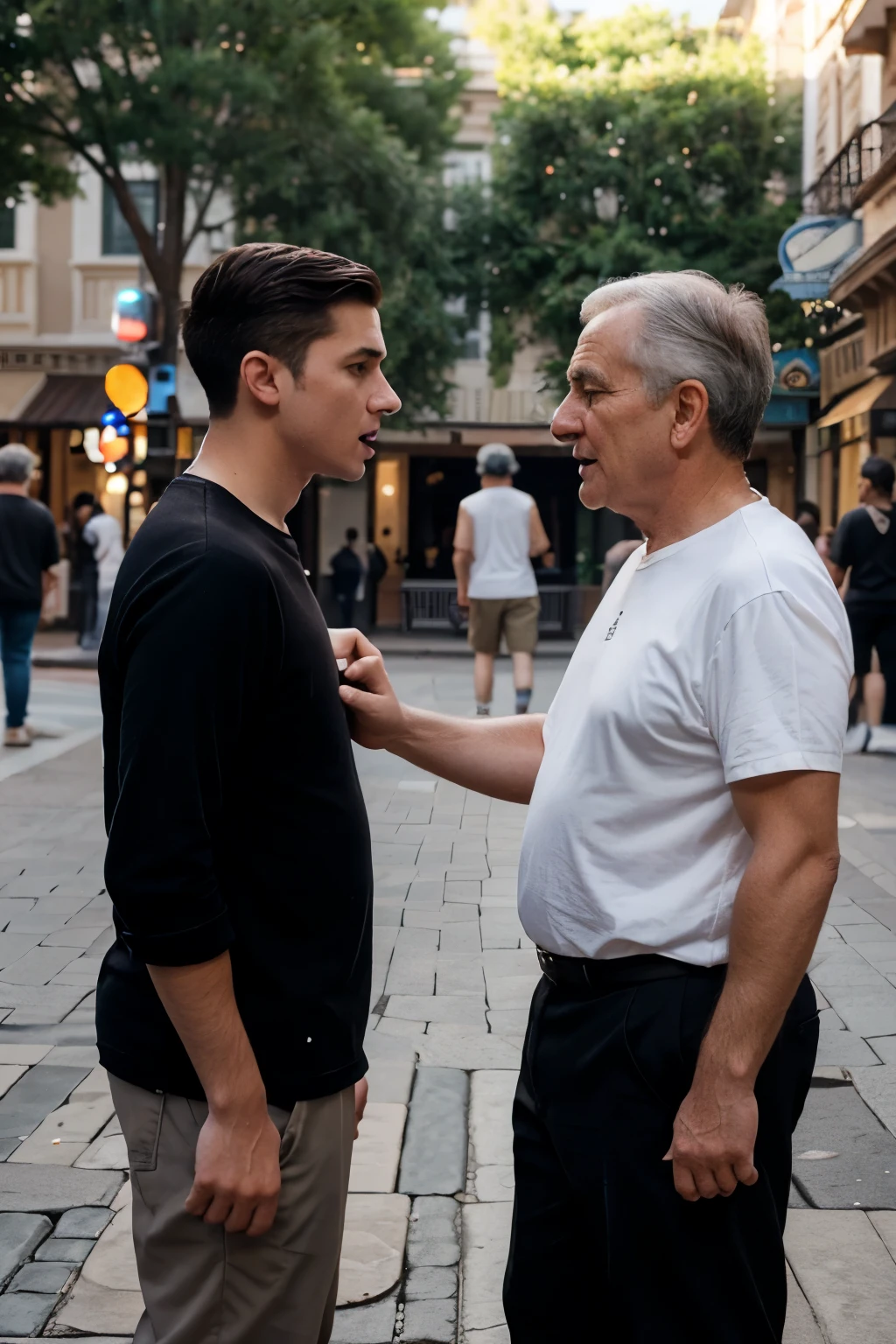 Please make me a picture of a young man arguing with an old man on the street, made in Disney characters