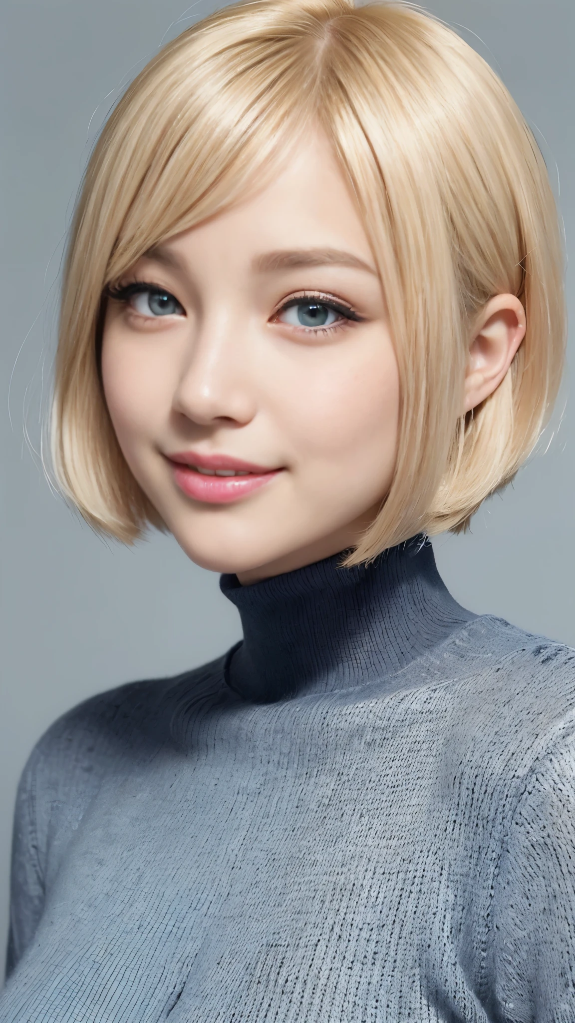 realistic, masterpiece, highest quality, A photo of a woman smiling happily, beautiful and detailed eyes, long slit eyes, black eyes, thin eyebrows, Make your eyelashes delicate, long eyelashes, false eyelashes, (hidden creased eyelids:1.3), (blonde hair, short hair, middle part:1.3), A little tooth is visible, Dark blue turtleneck sweater