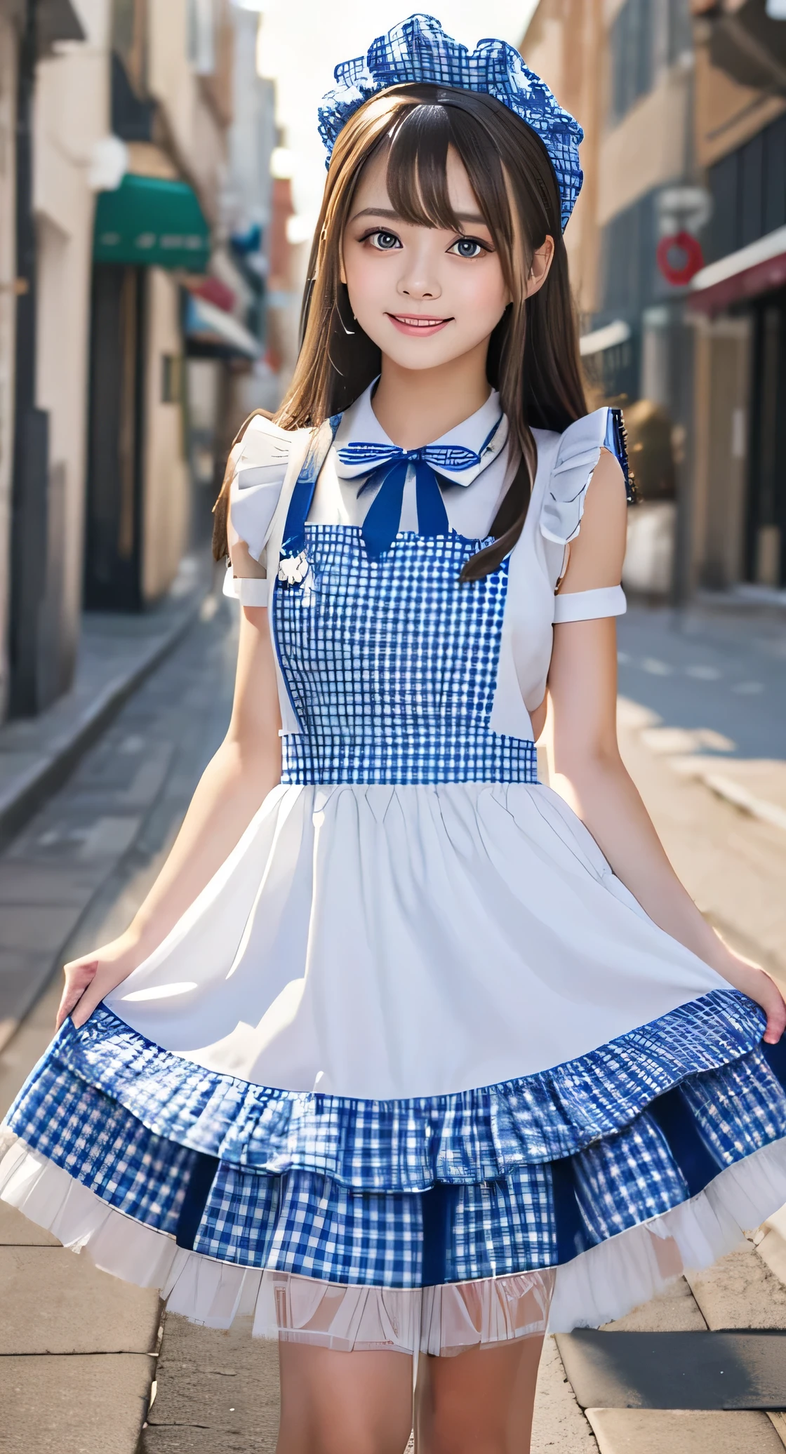 Angelic very beautiful cute young girl,
Beautiful detailed eyes, (6 yo:1.2),
Detailed double eyelids,
(Soft Saturation: 1.3),
(Fair skin: 1.3),v-line jaw,
(Large eyes:1.4),
Long straight brown hair,
see-through bangs,
Sharp Focus,
beautiful detailed face and eyes,
drooping eyes,
small straight nose,
small mouth,
happy smiling with visible teeth, 85mm lens, F/8.0,BREAK (blue gingham maid costume :1.5),Walking,Brown hair ,(Costumes with strong reflective surfaces:1.3),lift skirt,
(Best Quality:1.2),(Maid costume:1.4),
Raw photo,
High resolution,
perfect detail,
Professional Photography,
Professional Lighting,
Powerful lighting of the costume,In the street