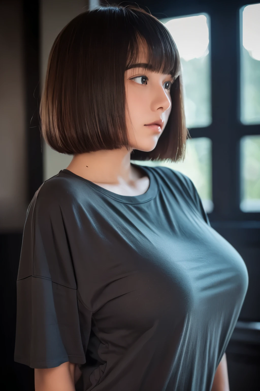 girl, Black bob cut, oversized T-shirts, huge breasts, looking away, upper body, Subdued lighting effect