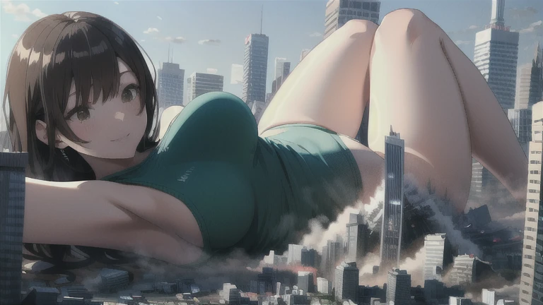 (highest quality、High resolution、Detailed Background)、(Highly detailed beautiful face:1.4)、cute age girl、Brown hair or cute hair color、Huge breasts、Realistic、Perfect body line、cute、Beautiful girl taller than a building、aerial photograph、aerial photograph、Sit in the building、Destroying the city with a smile、 (A giant girl bigger than a skyscraper destroys the city of Shibuya:1.5)、cute swimsuit スクール水着 Lying down