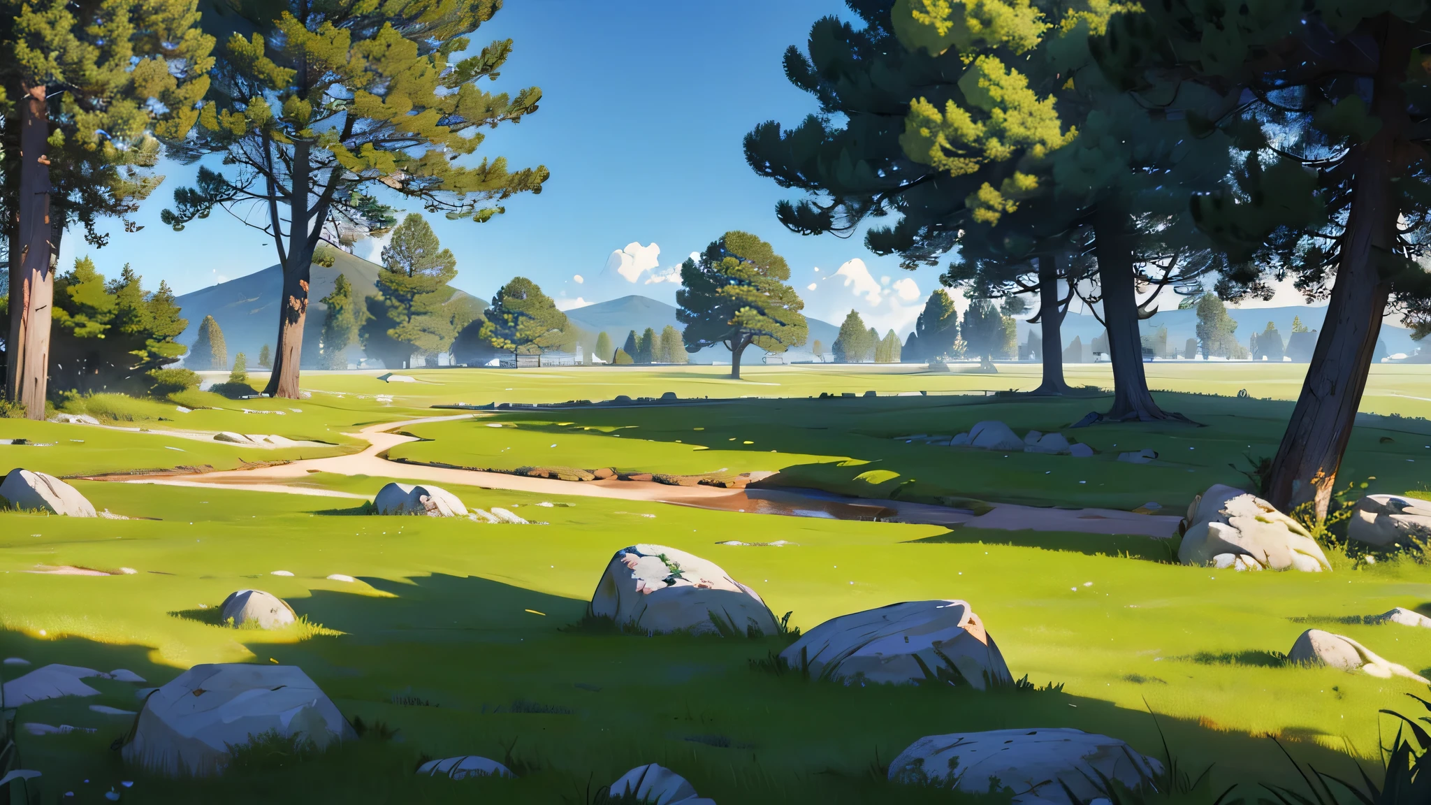 4k ultra high definition landscape, large flat grass mud dirt training grounds large rocks archery targets few tree