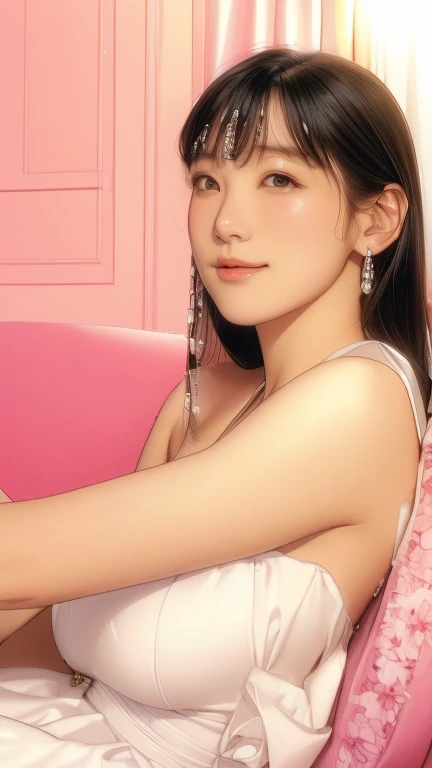 A woman with long hair and a white dress sitting on a sofa, kimi takemura, Yoshitomo Nara, yasumoto oka, narumi kakinouchi, Hole in the Motto, chiho ashima, Ishida Sui with black hair, mai yoneyama, Aoi Ogata, deayami kojima