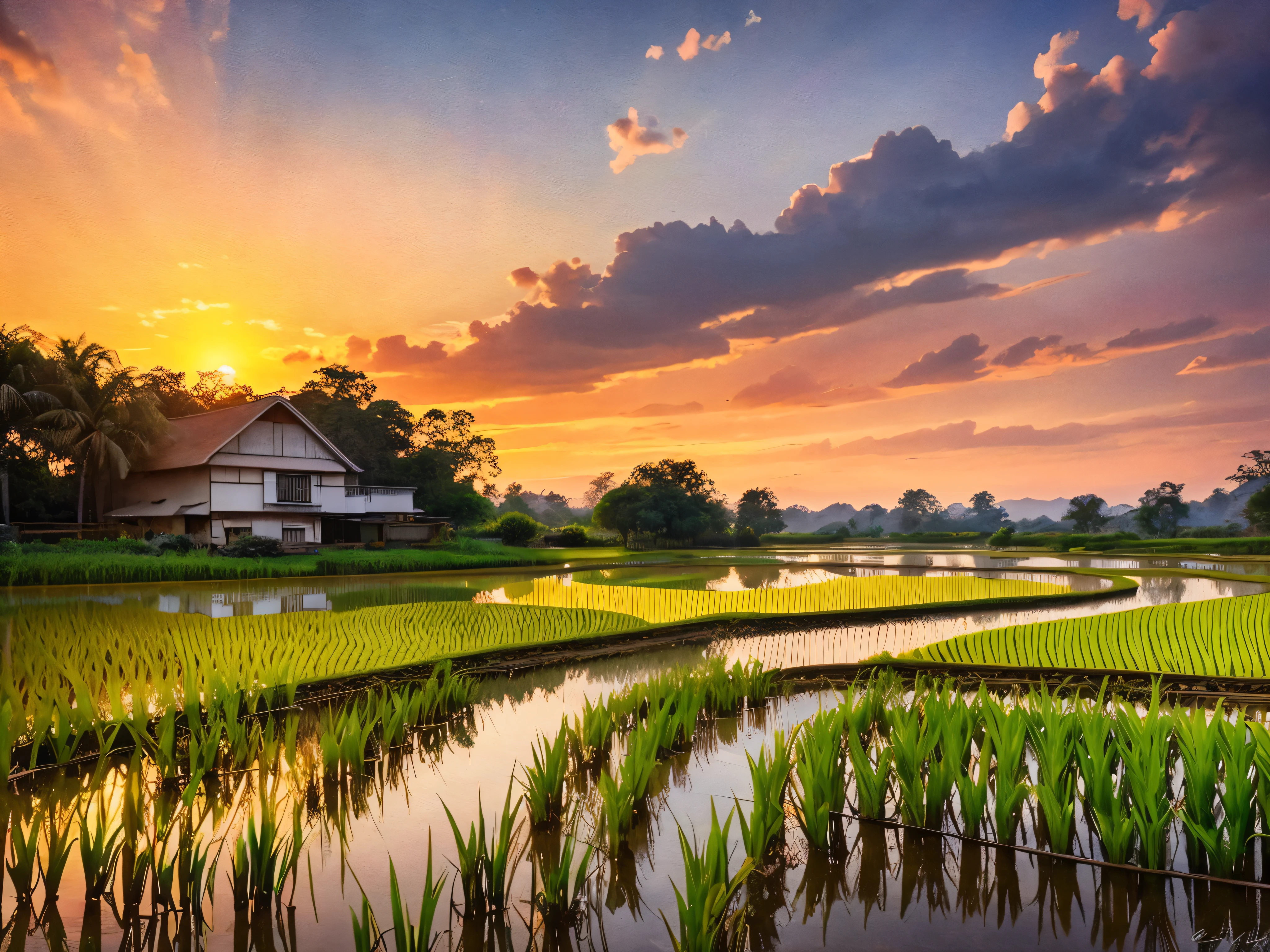 Impressionist watercolor landscape showing a rural residence set in (rice fields) , as the setting sun creates a multicolored canvas against the sky and reflects its brilliance on the surrounding foliage and calm water, ancient residence, calm river, sunset , vibrant sunsets, lush nature, twilight, beautiful textures, rich foliage, serene harmony, reflections in the water, warm color palettes, broad brush strokes, dreamy atmosphere, gradient skies, soft lighting, artistic impressions