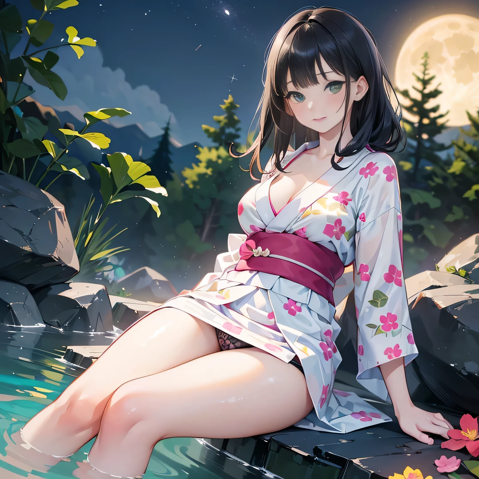 ((panty shot)),((lifting skirt)),((flower printed panties focus)),Vulgar,low angle,from below, cleavage,(( looking at the viewer)),
full body,low angle,from below,♥(japanese flower printed yukata),(bathing in the spa), ((1girl,cute,young,Semi long beautiful black hair,blunt bangs,beautiful green eyes)),(solo),((masterpiece, highest resolution,best quality)), ((realistic:1.5,Beautiful girl RAW photo)), (bathing in the spa), (looking at the viewer), innocent smile,cinematic lighting,beautiful outside open spa, rocks,natural beauty,full moon,night sky