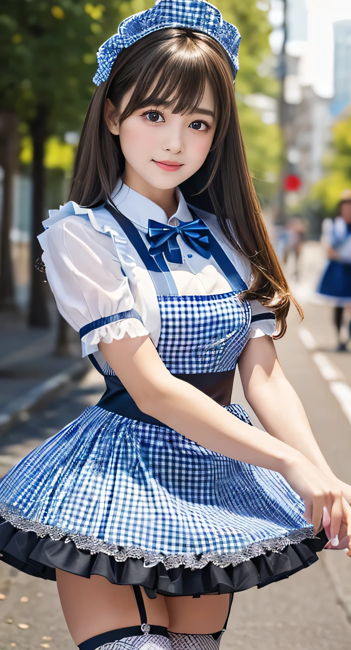 Angelic very beautiful cute young girl,
Beautiful detailed eyes, (6 yo:1.2),
Detailed double eyelids,
(Soft Saturation: 1.3),
(Fair skin: 1.3),v-line jaw,
(Large eyes:1.4),
Long straight brown hair,
see-through bangs,
Sharp Focus,
beautiful detailed face and eyes,
drooping eyes,
small straight nose,
small mouth,
happy smiling with visible teeth, 85mm lens, F/8.0,BREAK (blue gingham maid costume :1.5),Walking,Brown hair ,(Costumes with strong reflective surfaces:1.3),(lift skirt:1.2),panty,
(Best Quality:1.2),(Maid costume:1.4),
Raw photo,
High resolution,
perfect detail,
Professional Photography,
Professional Lighting,
Powerful lighting of the costume,In the street