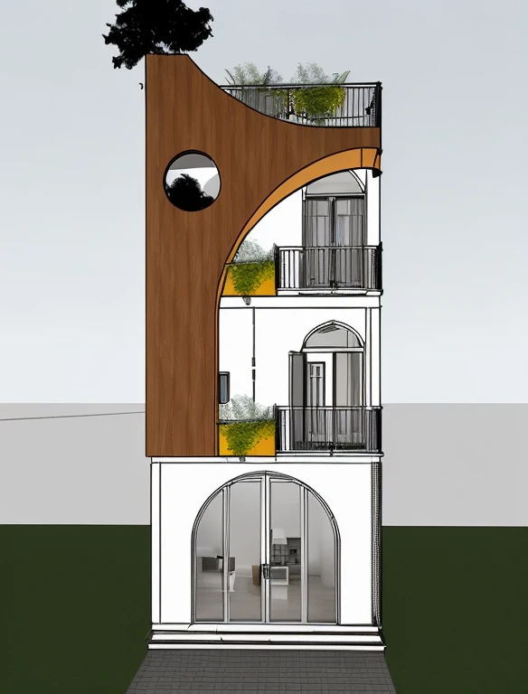 a rendering of a tall building with a balcony and a balcony, front elevation view, elevation view, mid-view, front-view, frontview, architectural concept, rendered, concept house, pre-rendered, complete house, detailed rendering, with vegetation, rendered 3d model, concept drawing, 2 d render, 3d rendered model, 3d finalrender
