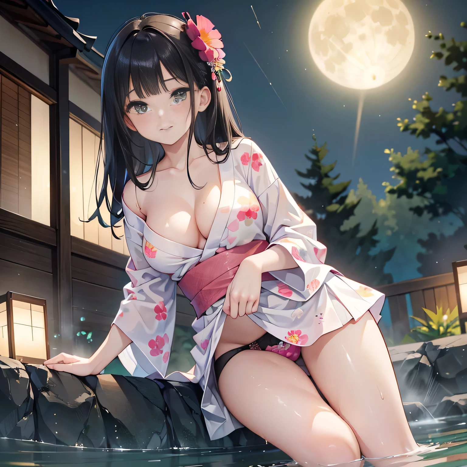 ((panty shot)),((lifting skirt)),((flower printed panties focus)),Vulgar,low angle,from below, cleavage,(( looking at the viewer)),
full body,low angle,from below,♥(japanese flower printed yukata),(bathing in the spa), ((1girl,cute,young,Semi long beautiful black hair,blunt bangs,beautiful green eyes)),(solo),((masterpiece, highest resolution,best quality)), ((realistic:1.5,Beautiful girl RAW photo)), (bathing in the spa), (looking at the viewer), innocent smile,cinematic lighting,beautiful outside open spa, rocks,natural beauty,full moon,night sky