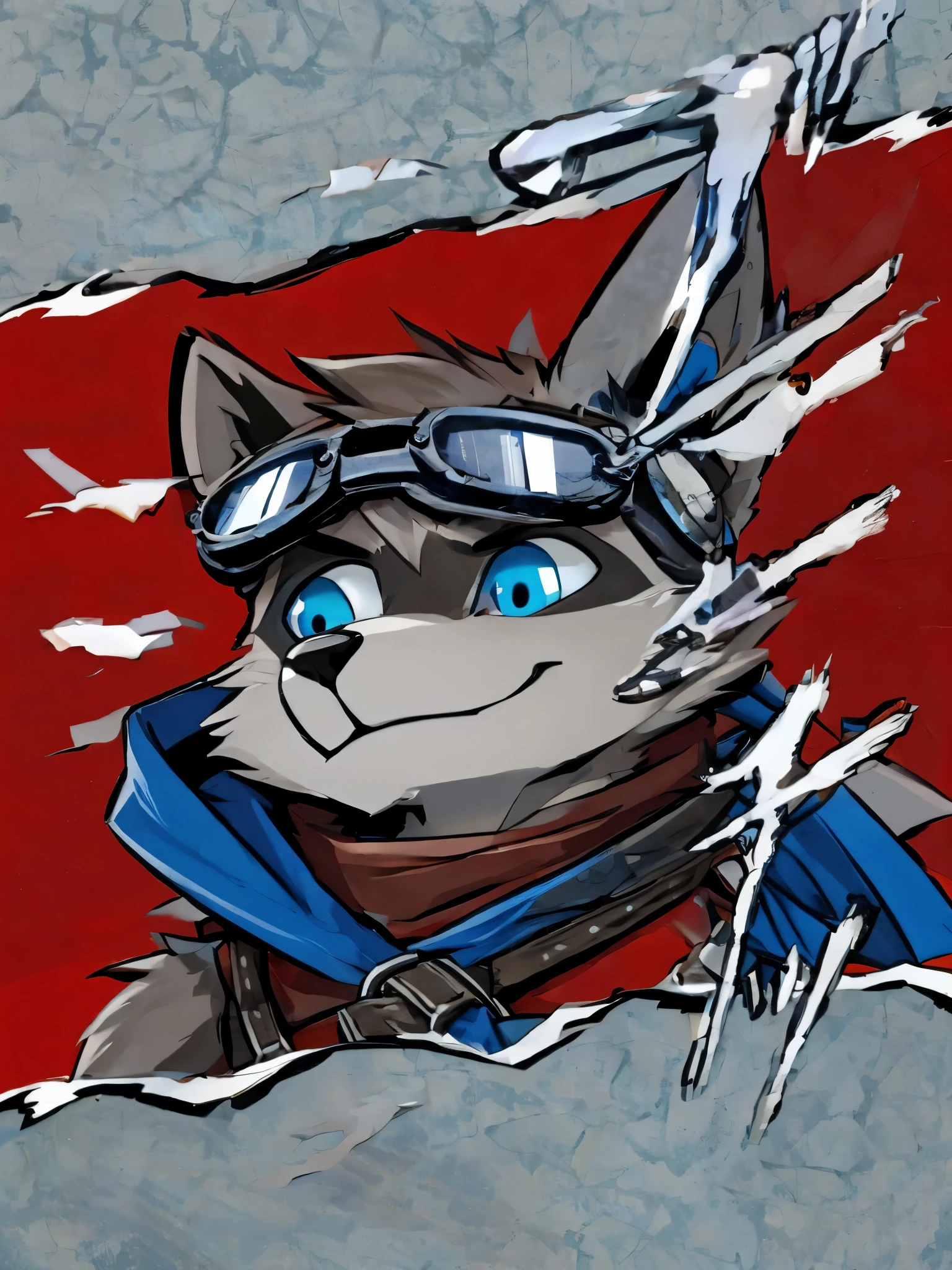 teen furry, furry, teenager, raccoon, grey body, long brown spiked_ponytail, detailed eyes, Detailed body fur, long blue scarf, leather_harness, blue_breechcloth, goggles, masterpiece, gray body, Detailed face, big eyebrows, blue eyes, detailed eyes, No muscles, Detailed hands, Flat body, Skinny, Detailed paws, metal cuffs on wrists, metal cuffs on ankles, black baggy pants