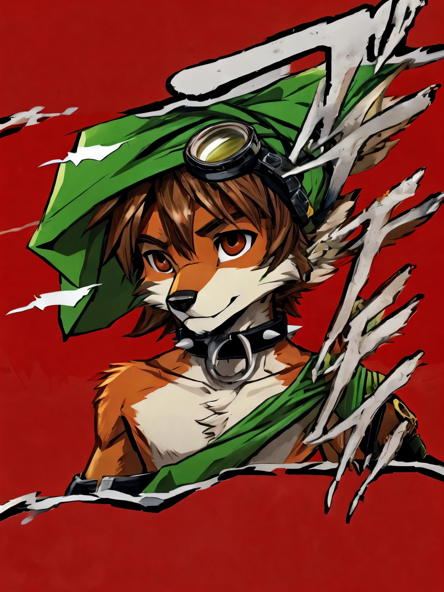  Furry, solo, furry, teen, red fox, spiked brown hair only on head, collar, brown eyes, goggles, green breechcloth, green scarf, elbow pads, knee pads, masterpiece, No muscles, Detailed hands, detailed face, detailed eyes, detailed body, Flat body, Skinny, claws, high resolution, metal cuffs on wrists, metal cuffs on ankles, no shirt, no underwear,