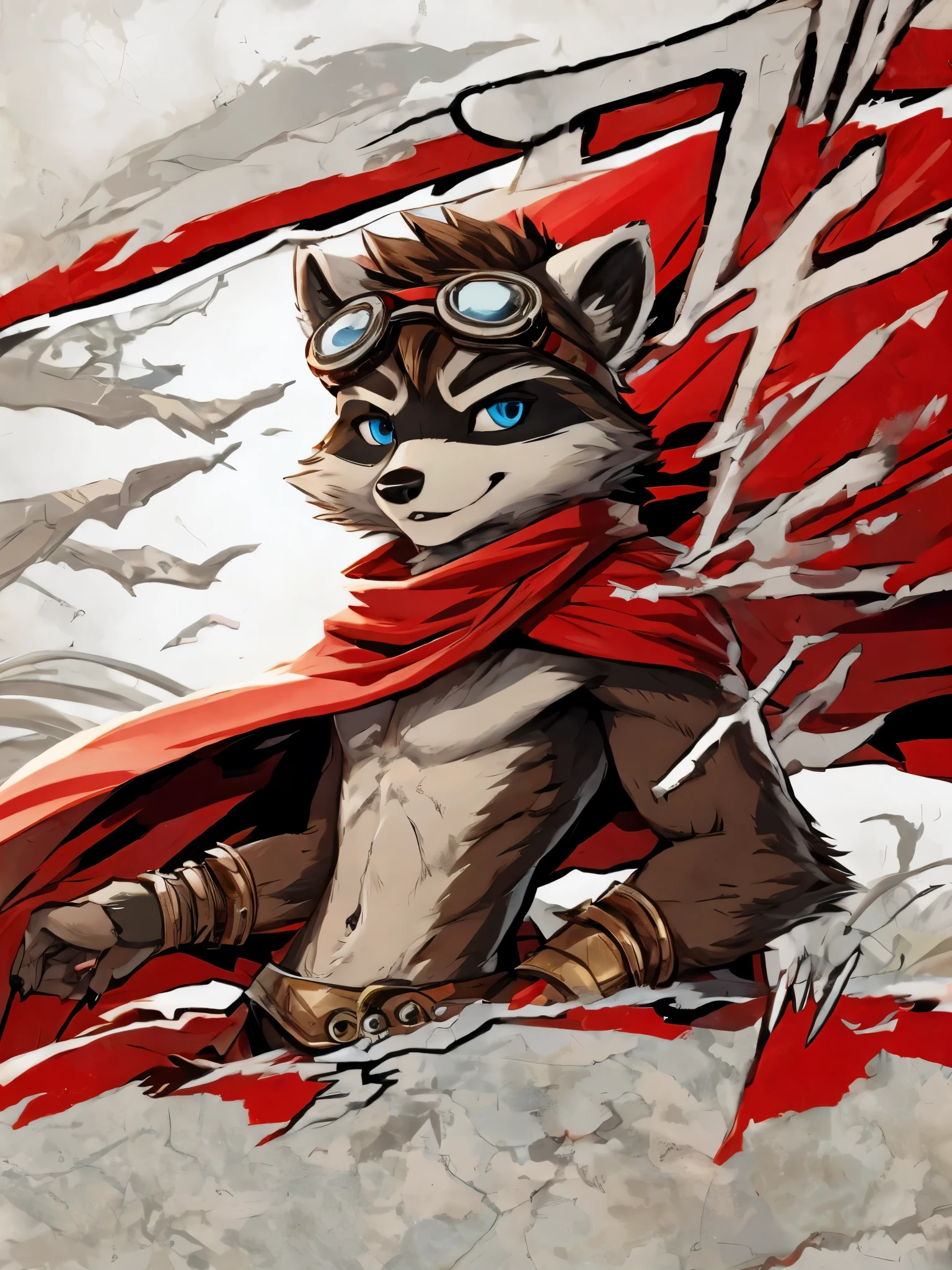 teen Furry, furry, teen, raccoon, spiked brown hair only on head, blue eyes, goggles, chain harness, red cape, red scarf, red loincloth, masterpiece, detail body, detailed eyes, fur all over body, detailed face, detailed eyes, detailed hands, Skinny, claws, high resolution, metal cuffs on wrists, metal cuffs on ankles, no shirt, no underwear, wave,