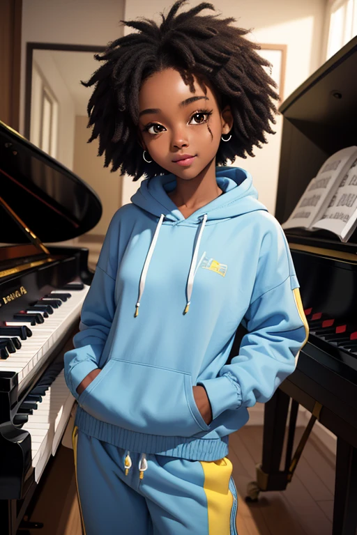 (masterpiece, best quality), deep ebony 1girl, beautiful face, short Afro braids , cute, , beautify, Lofi vibe,, cute night vibe, concentrated, hands outside of the picture, music studio, piano on the background, , blue and yellow hoddie, white trousers , not sexy, cute look, clothing is dry and baggy, small breasts, teen vibe, jogging, cute smile