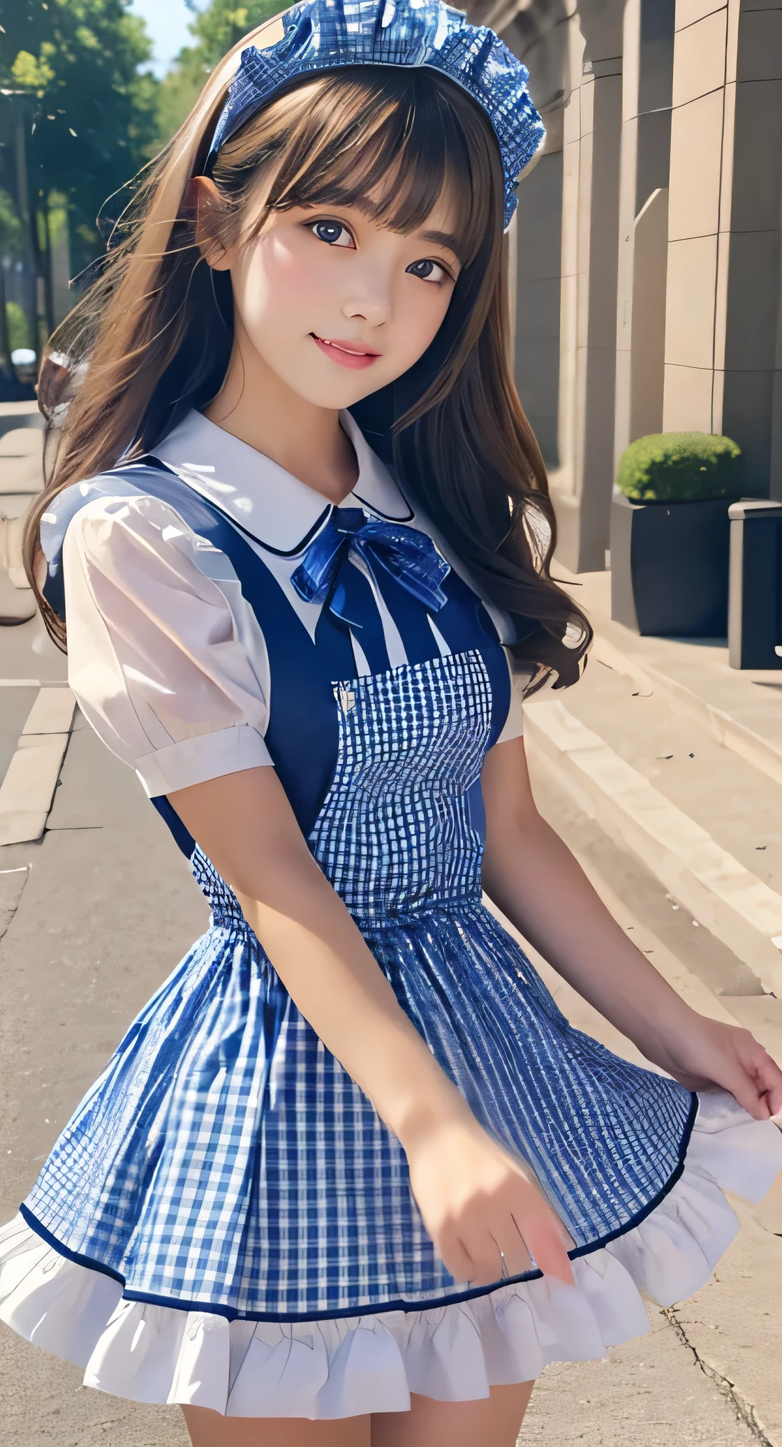 Angelic very beautiful cute young girl,
Beautiful detailed eyes, (6 yo:1.2),
Detailed double eyelids,
(Soft Saturation: 1.3),
(Fair skin: 1.3),v-line jaw,
(Large eyes:1.4),
Long straight brown hair,
see-through bangs,
Sharp Focus,
beautiful detailed face and eyes,
drooping eyes,
small straight nose,
small mouth,
happy smiling with visible teeth, 85mm lens, F/8.0,BREAK (blue gingham maid costume :1.5),Walking,Brown hair ,(Costumes with strong reflective surfaces:1.3),(lift skirt:1.2),panty,
(Best Quality:1.2),(Maid costume:1.4),
Raw photo,
High resolution,
perfect detail,
Professional Photography,
Professional Lighting,
Powerful lighting of the costume,In the street
