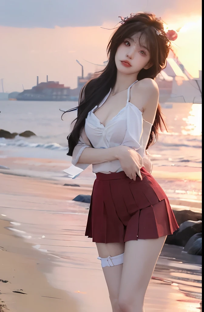 Beautiful woman with perfect body:1.4,Layered Hairstyle,Prominent cleavage:1.1,Highly detailed face and skin textures,Double eyelids,Skin Whitening,Long hair,Whitened long legs,(Red suspenders,Ultra-short pleated skirt)Standing by the sea