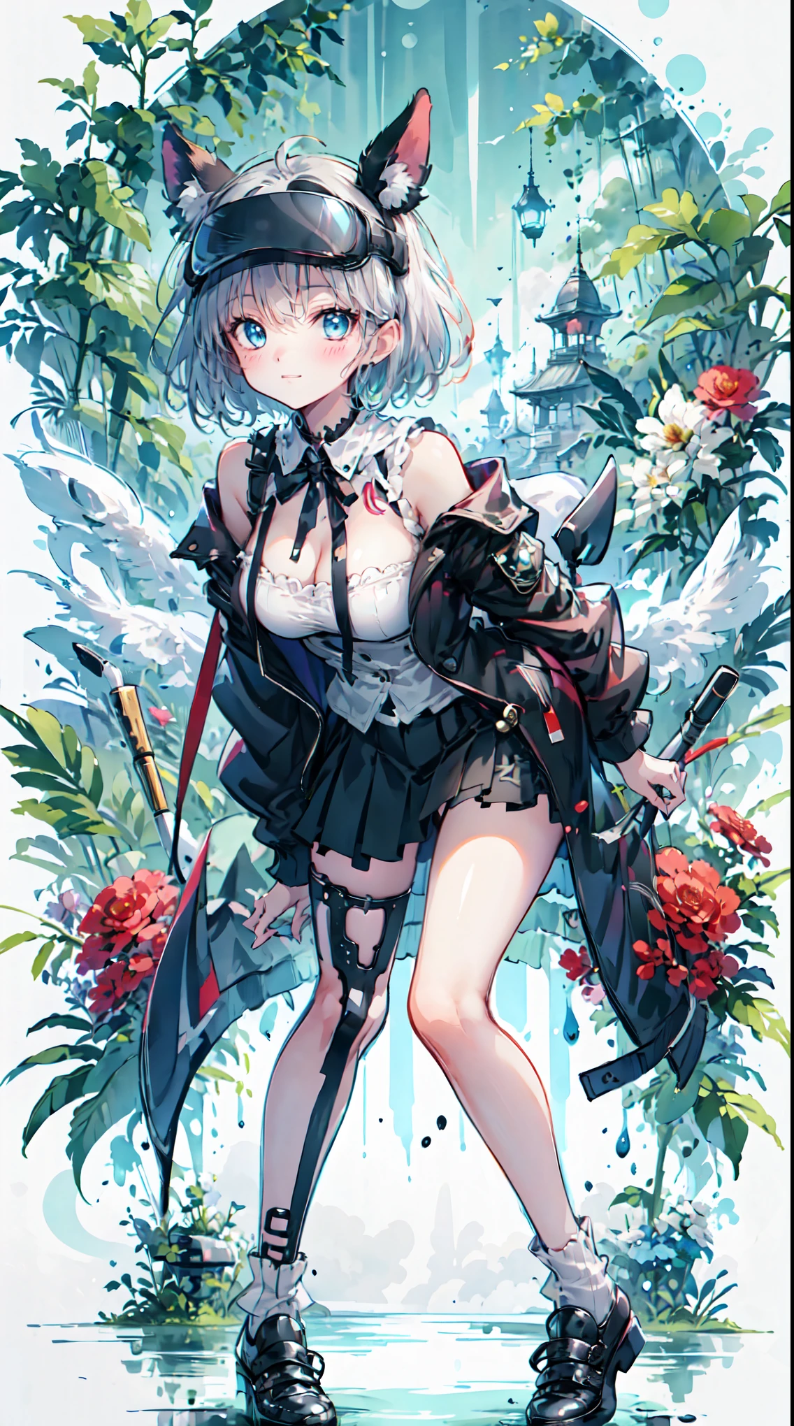 top-quality、Top image quality、masterpiece、s girl((White and blue hoodie、Black skirt、18year old、 Ager、Best Bust、big bast,Beautiful light blue eyes, Long silver hair、A slender,Large valleys、Reflecting the whole body、Leaning forward、Attach the VR visor to your eyes、I have a VR stick controller、Excited face、play VR)),hiquality、Beautiful Art、Background with(( Cyber World、Cyber World、Space world、universes)))、masutepiece、depth of fields,