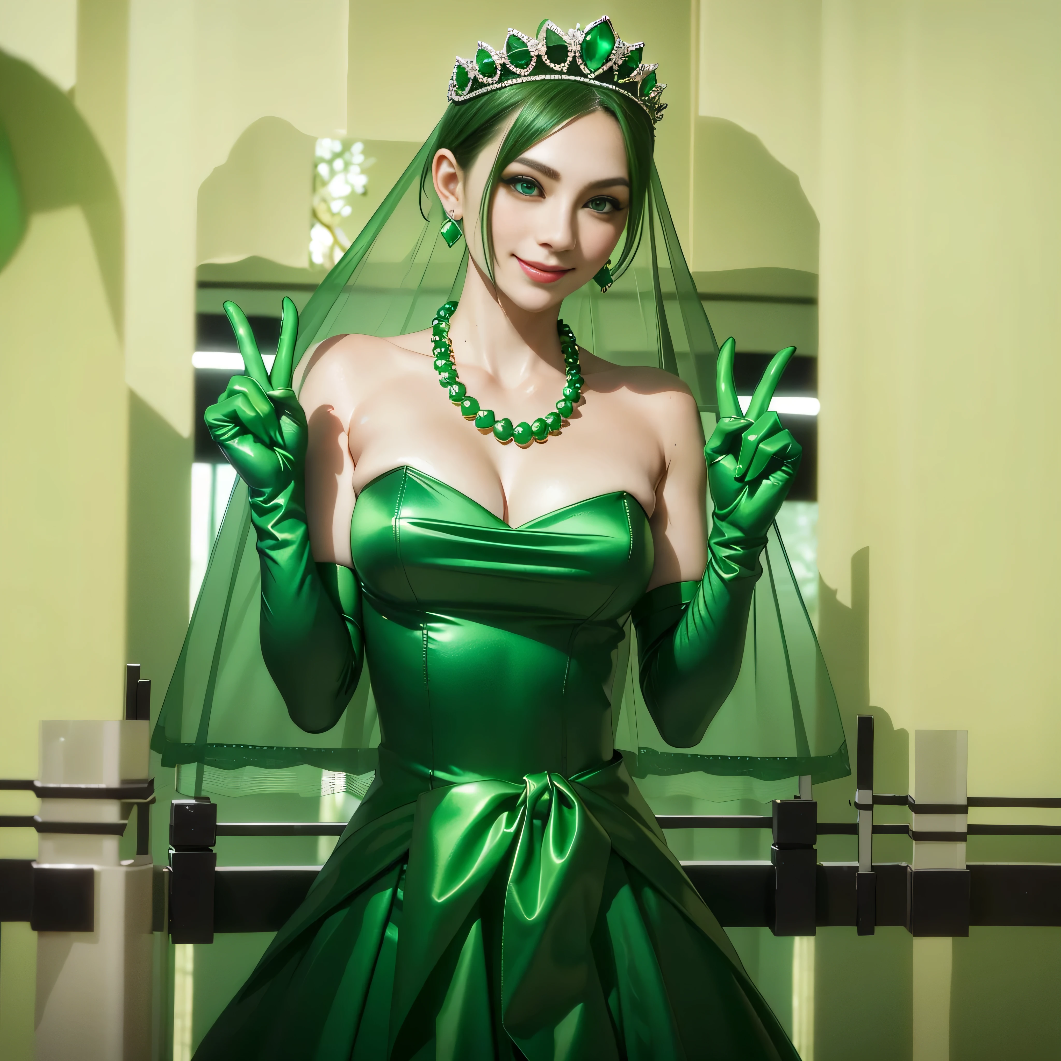 Emerald tiara, Green Pearl Necklace, Boyish very short green hair, lipstick, Smiling Japanese woman, Very short hair, Big and beautiful, Green Eyes, Long green satin gloves, Green Eyes, V sign, Emerald Earrings, Green veil, peace sign, 30-year-old female, Bride in her 30s