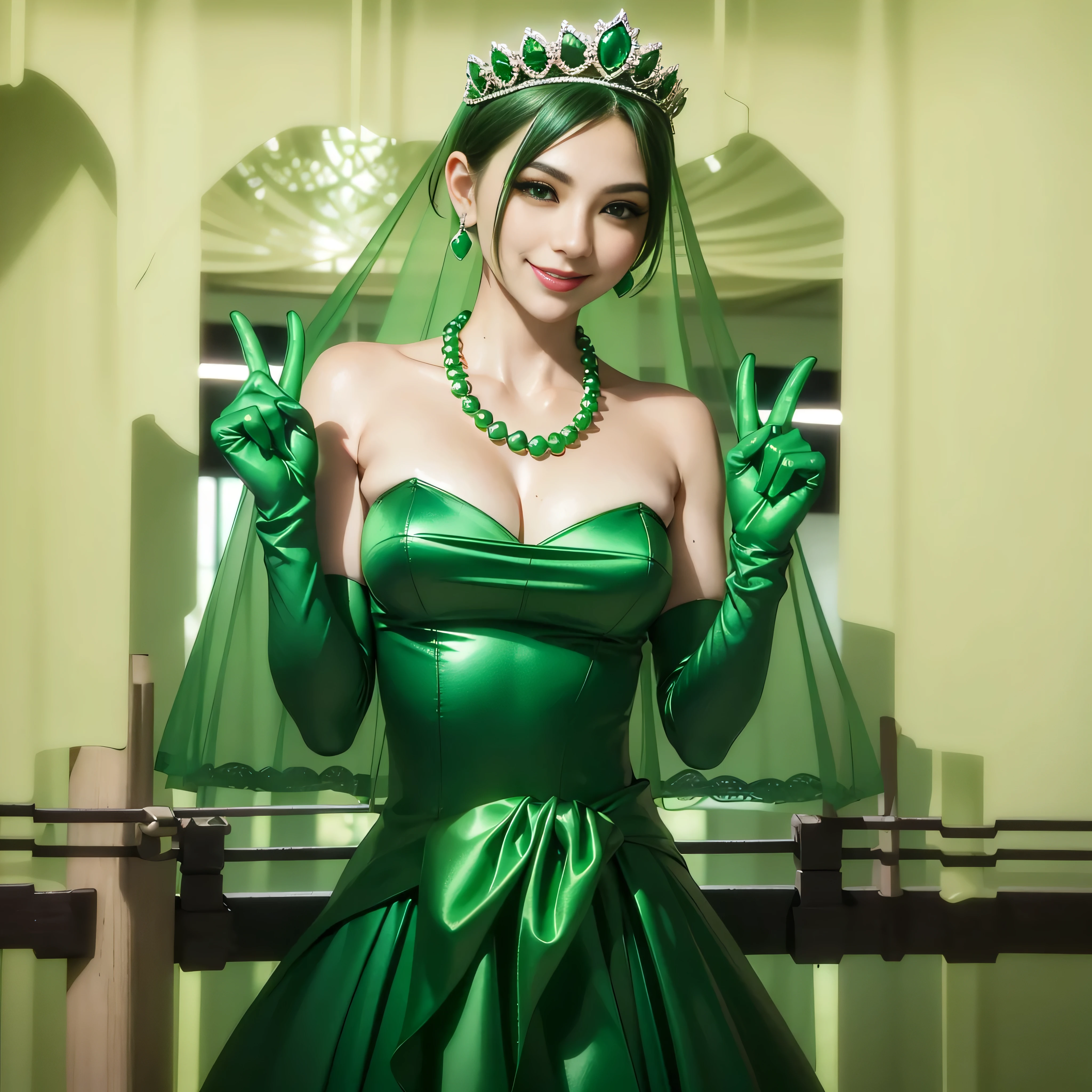 Emerald tiara, Green Pearl Necklace, Boyish very short green hair, lipstick, Smiling Japanese woman, Very short hair, Big and beautiful, Green Eyes, Long green satin gloves, Green Eyes, V sign, Emerald Earrings, Green veil, peace sign, 30-year-old female, Bride in her 30s
