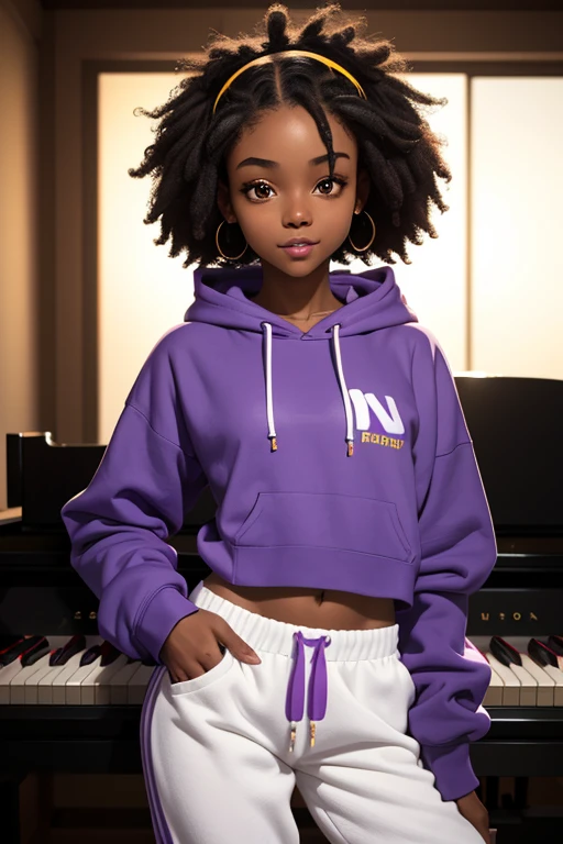 (masterpiece, best quality), deep ebony 1girl, beautiful face, short Afro braids , cute, , beautify, Lofi vibe,, cute night vibe, concentrated, hands outside of the picture, music studio, piano on the background, , blue and yellow hoddie, white trousers , not sexy, cute look, clothing is dry and baggy, small breasts, teen vibe, jogging, cute smile