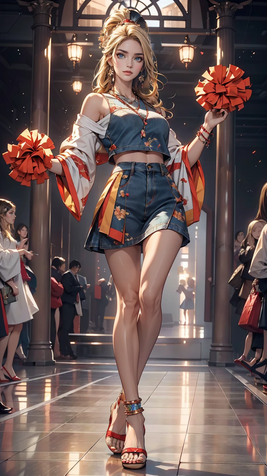 ((最high quality, 8k, masterpiece: 1.3, Ultra HD, high quality, 最high quality, High resolution, realism)) 、Very beautiful 22 year old Caucasian woman、Hair Color: Blonde、Blue Idium Hair、Straight hair、smile、Slim but well-proportioned body、Athlete-like figure、I want to keep my head out of the screen.、Wear accessories on your wrist、Put an anklet on your ankle、Wearing red nail polish、Having a pedicure、Being a cheerleader、Strike a Pose