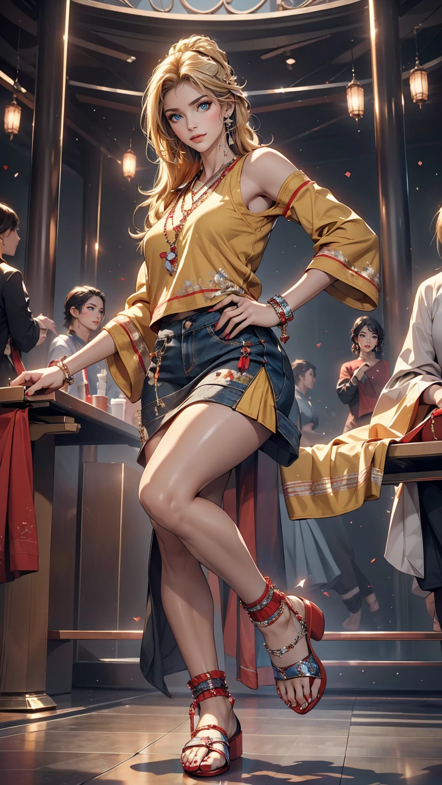((最high quality, 8k, masterpiece: 1.3, Ultra HD, high quality, 最high quality, High resolution, realism)) 、Very beautiful 22 year old Caucasian woman、Hair Color: Blonde、Blue Idium Hair、Straight hair、smile、Slim but well-proportioned body、Athlete-like figure、I want to keep my head out of the screen.、Wear accessories on your wrist、Put an anklet on your ankle、Wearing red nail polish、Having a pedicure、Being a cheerleader、Strike a Pose