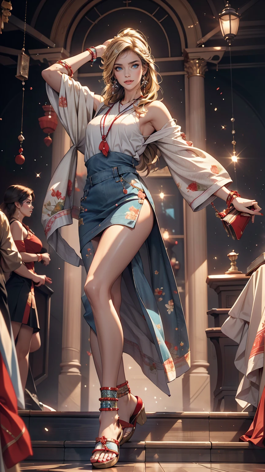 ((最high quality, 8k, masterpiece: 1.3, Ultra HD, high quality, 最high quality, High resolution, realism)) 、Very beautiful 22 year old Caucasian woman、Hair Color: Blonde、Blue Idium Hair、Straight hair、smile、Slim but well-proportioned body、Athlete-like figure、I want to keep my head out of the screen.、Wear accessories on your wrist、Put an anklet on your ankle、Wearing red nail polish、Having a pedicure、Being a cheerleader、Strike a Pose