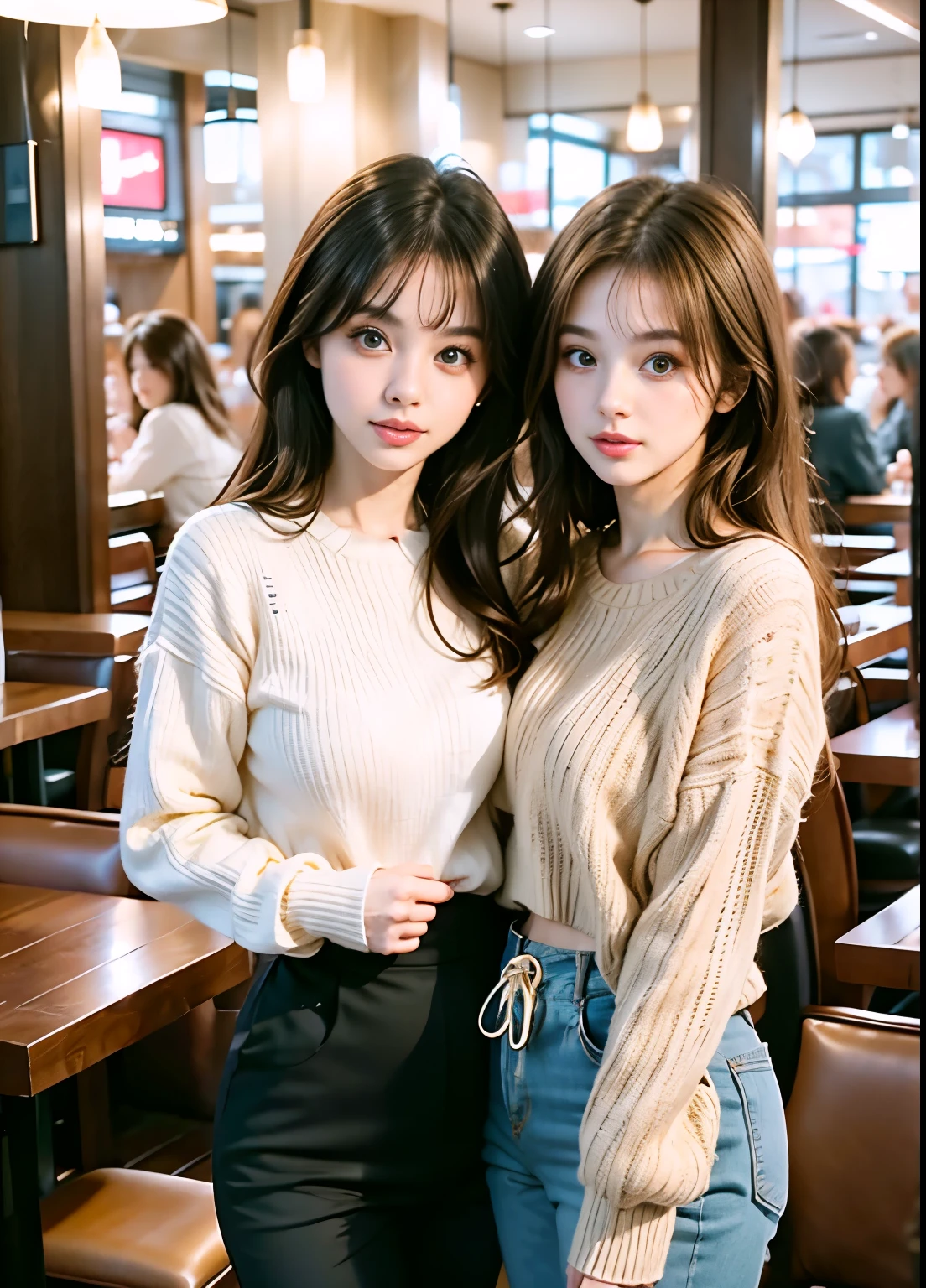 best resolution, 2 heads, white woman with two heads, conjoined, different heads, beautiful , blonde, short hair, long hair, eyeliner, 25 years old, at restaurant, sweater, pants,