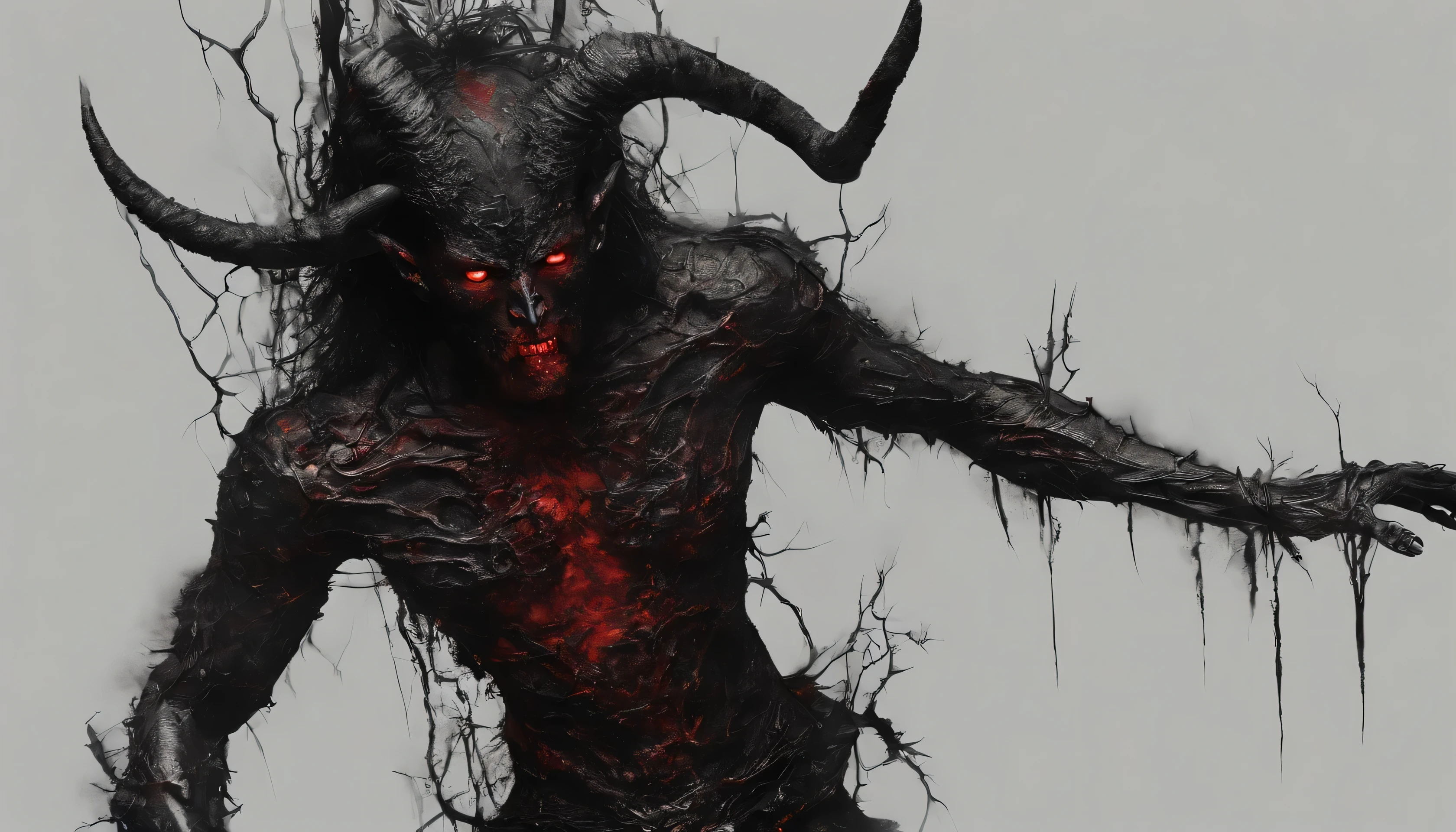 A demon with red eyes black hair, faun legged, terrifying, red body, horns, bruises body, teared hands, thorny necklaces.