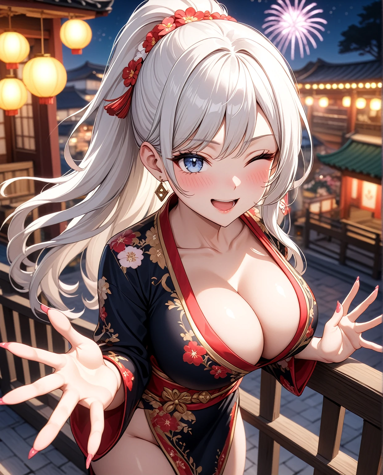 ((one personの女性)), Beautiful Face,Embarrassed and happy expression,Laugh embarrassedly,((Wink:2.0)),turn bright red,Glossy pink lips,French Nails,night,Shrine festival sexpensives,firework, ((Anime style background)),masterpiece, highest quality, so beautiful, Latest, Complex details, (Pink long nails),AI-generated, Complex,High resolution, highest quality, super high quality,3D Images、View your viewers、3D Images,one person,Long white hair,High Ponytail,blue eyes,Anime woman posing for a photo, [[Fine grain、Colorful eyes、Shining Eyes:1.15]],(Squint your eyes:1.1),a hyperRealistic , hyperRealistic , Realistic,Long haired white hair anime woman, Smooth anime CG art, A woman in a colorful kimono with gold embroidery, (Black kimono),Red floral pattern,Long flower hair ornament,Big earrings,(Big Breasts:1.4),Mature Body,expensive,Big Ass,Fine details,Tight waist,Abdominal muscles,Putting your hands on the railing,Photographed from diagonally above,peace sign