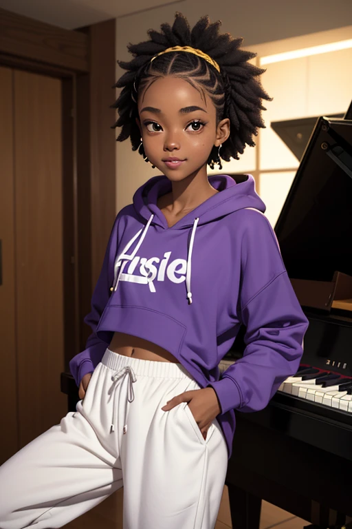 (masterpiece, best quality), deep ebony 1girl, beautiful face, short Afro braids , cute, , beautify, Lofi vibe,, cute night vibe, concentrated, hands outside of the picture, music studio, piano on the background, , purple and yellow hoddie, white trousers , not sexy, cute look, clothing is dry and baggy, small breasts, teen vibe, jogging, cute smile