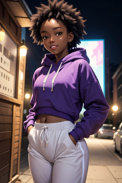 (masterpiece, best quality), deep ebony 1girl, beautiful face, short Afro braids , cute, , beautify, Lofi vibe,, cute night vibe, concentrated, hands outside of the picture, music studio, piano on the background, , purple and yellow hoddie, white trousers , not sexy, cute look, clothing is dry and baggy, small breasts, vibe, jogging, cute smile