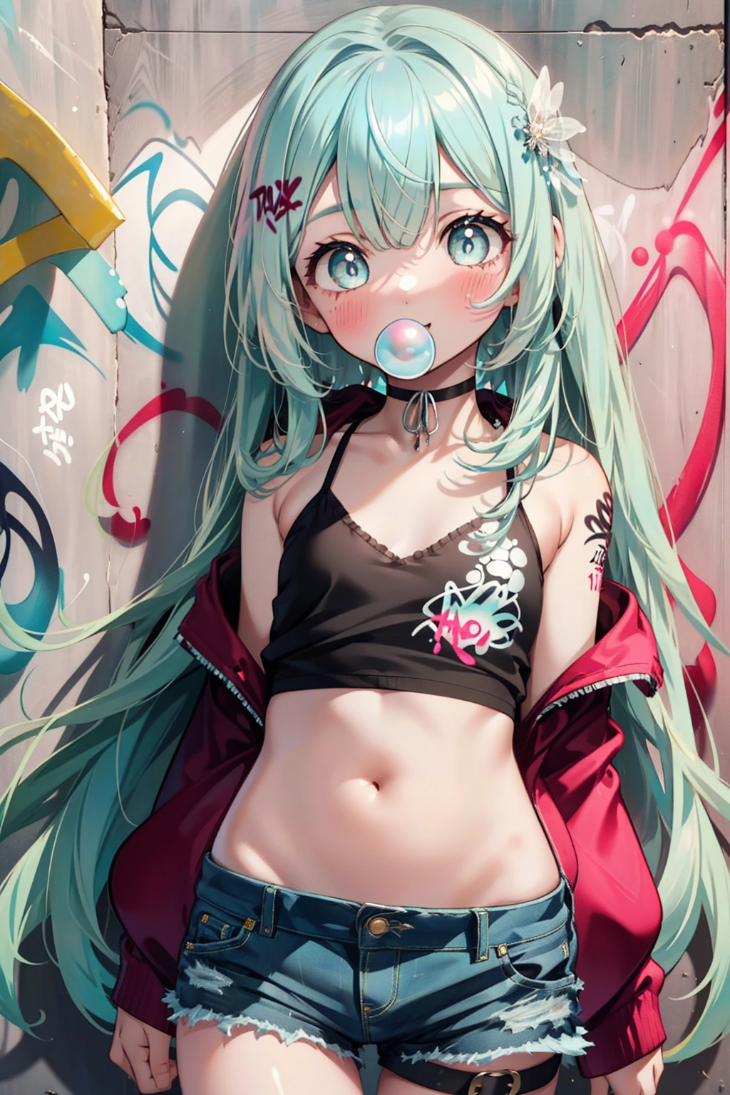 masterpiece, best quality, extremely detailed, (illustration, official art:1.1), 1 girl ,(((( light blue long hair)))), ,(((( light blue long hair)))),light blue hair, ,, long hair ((blush)) , cute face, big eyes, masterpiece, best quality,(((((a very delicate and beautiful girl))))),Amazing,beautiful detailed eyes,blunt bangs((((little delicate girl)))),tareme(true beautiful:1.2), sense of depth,dynamic angle,,,, affectionate smile, (true beautiful:1.2),,(tiny 1girl model:1.2),)(flat chest), Red hoodie　the front is open,wearing a hood,blow bubble gum, pink bubble gum,bob cut,Belly button tank top,denim shorts, choker, (graffiti:1.5), paint splatters, turn your arms behind your back, towards the wall, looking at the viewer , thigh strap, head tilt, was bored,break outdoors, Alley,break looking at viewer, (cowboy shot:1.5), break (masterpiece:1.2), highest quality, High resolution, unity 8k wallpaper, (shape:0.8), (beautiful and detailed eyes:1.6), highly detailed face, perfect lighting, Very detailed CG, (perfect hands, perfect anatomy),
