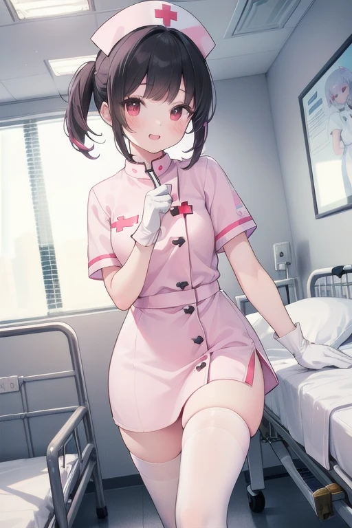 1girl, solo, nurse, nurse cap, white wear, ((white legwear, zettai ryouiki)), white gloves, pink hair, drooping eyes, ((covered nose)), standing, ((hospital room)), sharp outline, short sleeves, best quality, masterpiece,Fleshy,Red eyes,Fleshy,Black hair,happy,lol,stick