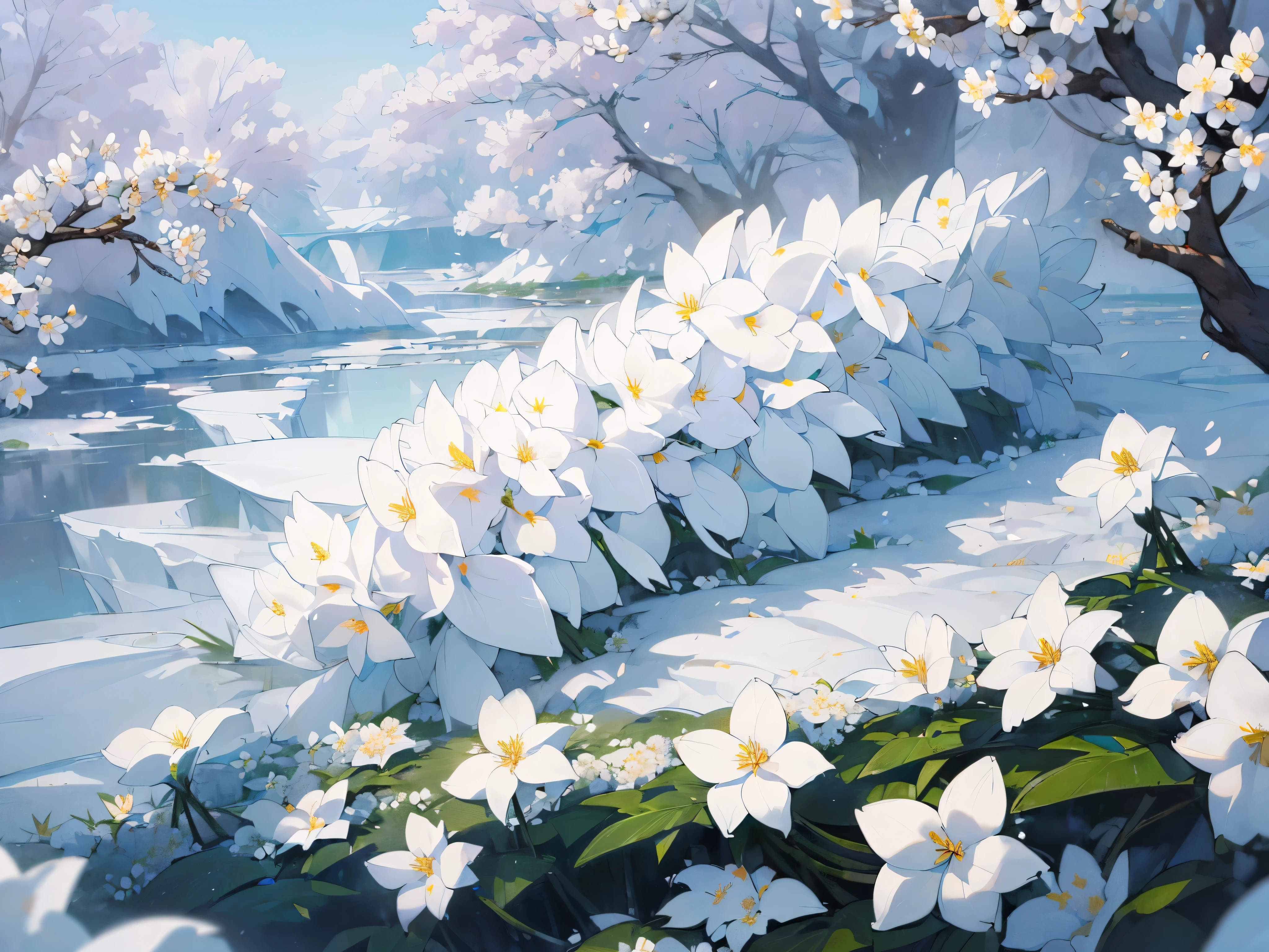 (8K)、Super delicate、(((lots of pure white flowers:1.5)))、a computer, realistic fantasy, Extensive landscape ultra photography (General view of the sky, flower petals, Fog, iceberg, Cherry blossom branches fall from the sky), Blurred background, broody, Magic