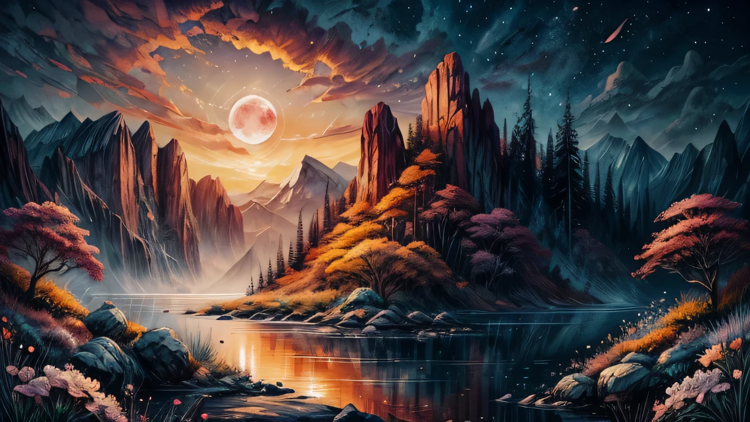 "Blood Moon Digital Watercolor Summer Landscape Sunset Illustration, Carne Griffith, Lee Min-jae, Anna Paula Hoppe, Stylized watercolor, complicated, Complicated contrast, High resolution, sharp, Soft Cinematic Volumetric Lighting, Pastel colors like flowers, Wide Long Shot, A perfect masterpiece""Detailed Matte Painting, Dark color, Fantasy, Complicated details, Splash screen, Complementary Color, Fantasy Concept Art, 8K resolution