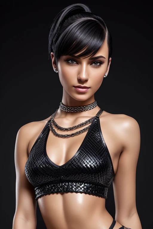 Gorgeous european woman with very short hair, hair in a ponytail with a fringe, wet hair, hair slicked back, combed straight back, slick hair, streaked brown hair, seductive pose, Shantel vansanten, dressed in a chainmail costume, cleavage, solid dark grey background
