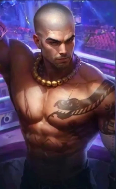 a man with a tattoo on his chest and a tattoo on his arm,  beefcake pose,bald
