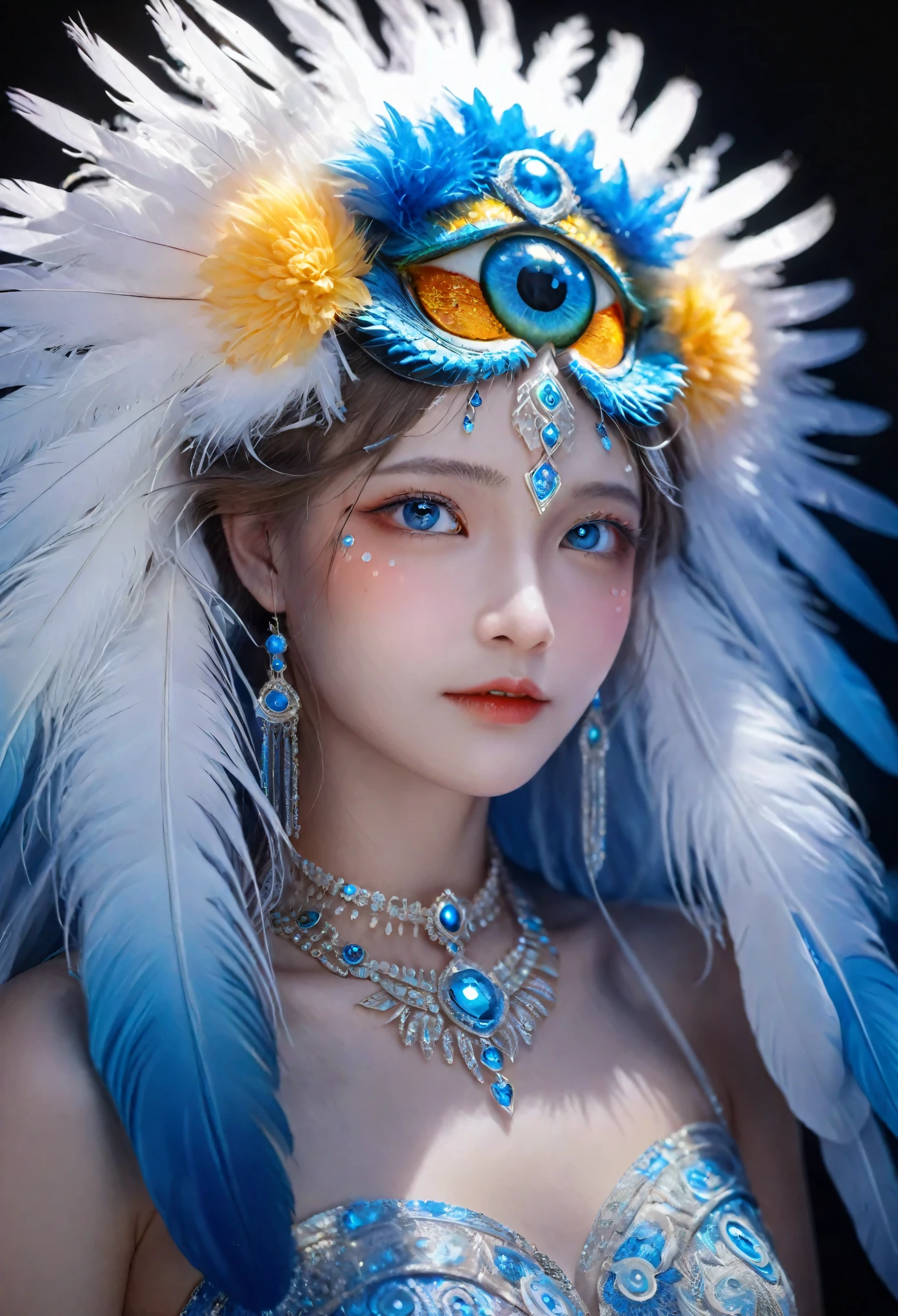 (a digital painting of an owl with blue eyes, unreal engine render:1.1), (very detailed:1.1), (unrealistic yet captivating eyes:1.1), (elaborate ornate jewellery:1.1), (trending on cgisociety:1.1), (motion graphics:1.1), (beeple global illumination:1.1), (rossdraws global illumination:1.1), (goddess), (beautiful detailed eyes), (intricate patterns and textures), (realistic feathers), (ethereal lighting), (majestic pose), (vivid colors), (attention-grabbing composition), (glowing elements), (mysterious atmosphere), (impressive level of detail), (photo-realistic:1.37), (hdr), (uhd), (studio lighting), (extreme detail description), (professional), (bokeh), (captivating concept art), (magical ambiance), (jaw-dropping craftsmanship), (stunning visual effects), (surreal), (dreamlike), (awe-inspiring), (balanced color palette), (masterpiece:1.2), (highres), (sharp focus), (physically-based rendering), (eye-catching), (intriguing), (mesmerizing), (exquisite), (wow-factor), (unforgettable)