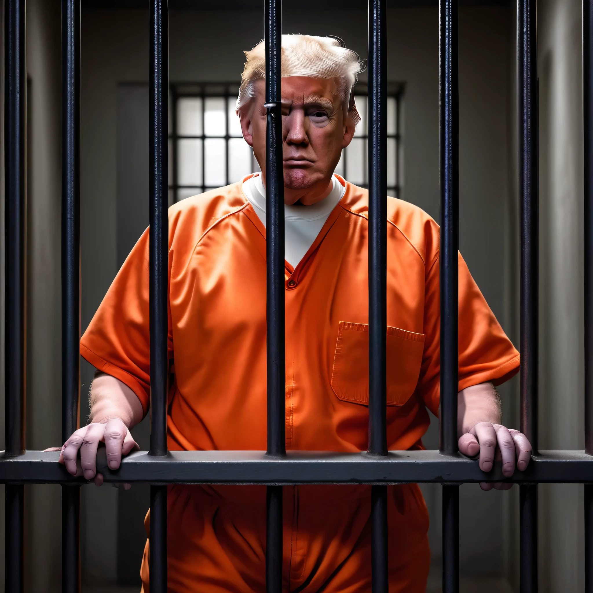 (realistic portrait photo of Donald Trump, orange jumpsuit, handcuffs)