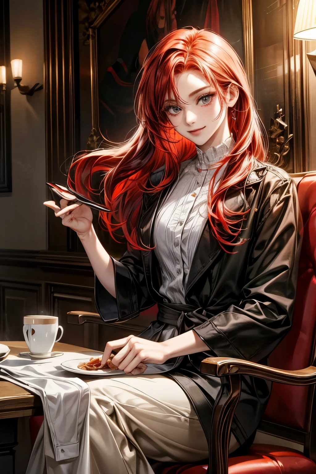 A captivating Red Haired Woman, adorned with a cascade of vibrant red locks, graced the entrance of a stylish cafe. The ambiance of the establishment was elevated, with its high-quality decor and elegant furnishings that left him utterly amazed. As he took a seat, she approached him, bearing a cup of coffee that exuded a tempting aroma. The moment he took a sip, he was struck by the incredible flavors, utterly surprised by how delicious it was. The Red Haired Woman's trademark smile widened as she observed his expression, her allure leaving an indelible impression upon him.