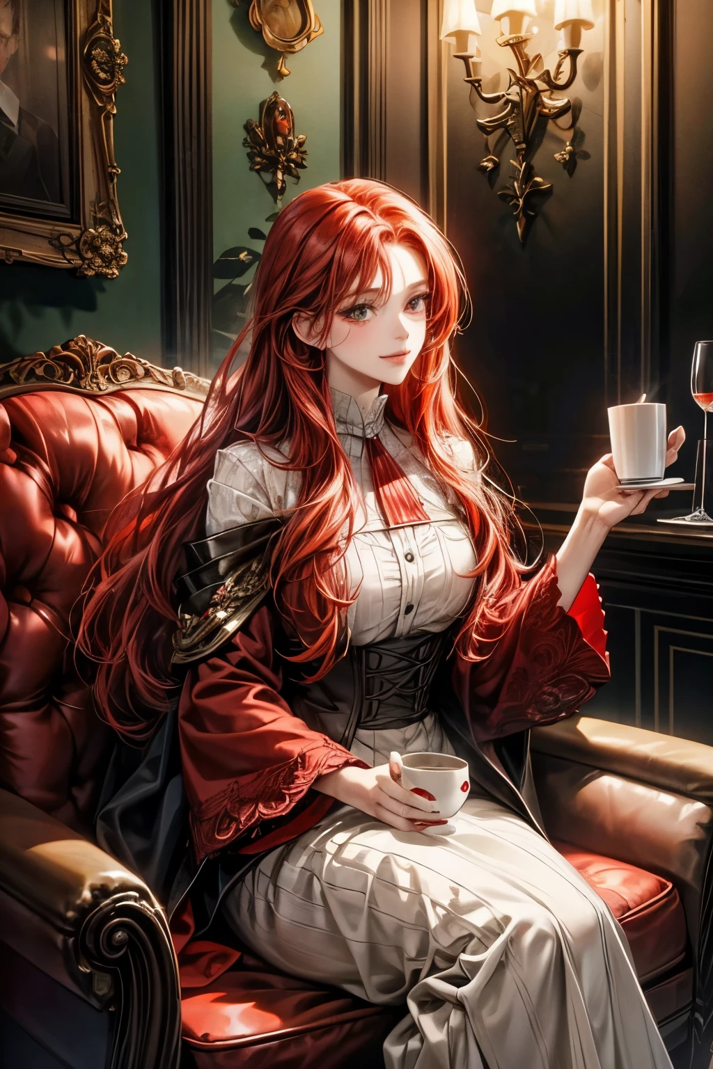 A captivating Red Haired Woman, adorned with a cascade of vibrant red locks, graced the entrance of a stylish cafe. The ambiance of the establishment was elevated, with its high-quality decor and elegant furnishings that left him utterly amazed. As he took a seat, she approached him, bearing a cup of coffee that exuded a tempting aroma. The moment he took a sip, he was struck by the incredible flavors, utterly surprised by how delicious it was. The Red Haired Woman's trademark smile widened as she observed his expression, her allure leaving an indelible impression upon him.