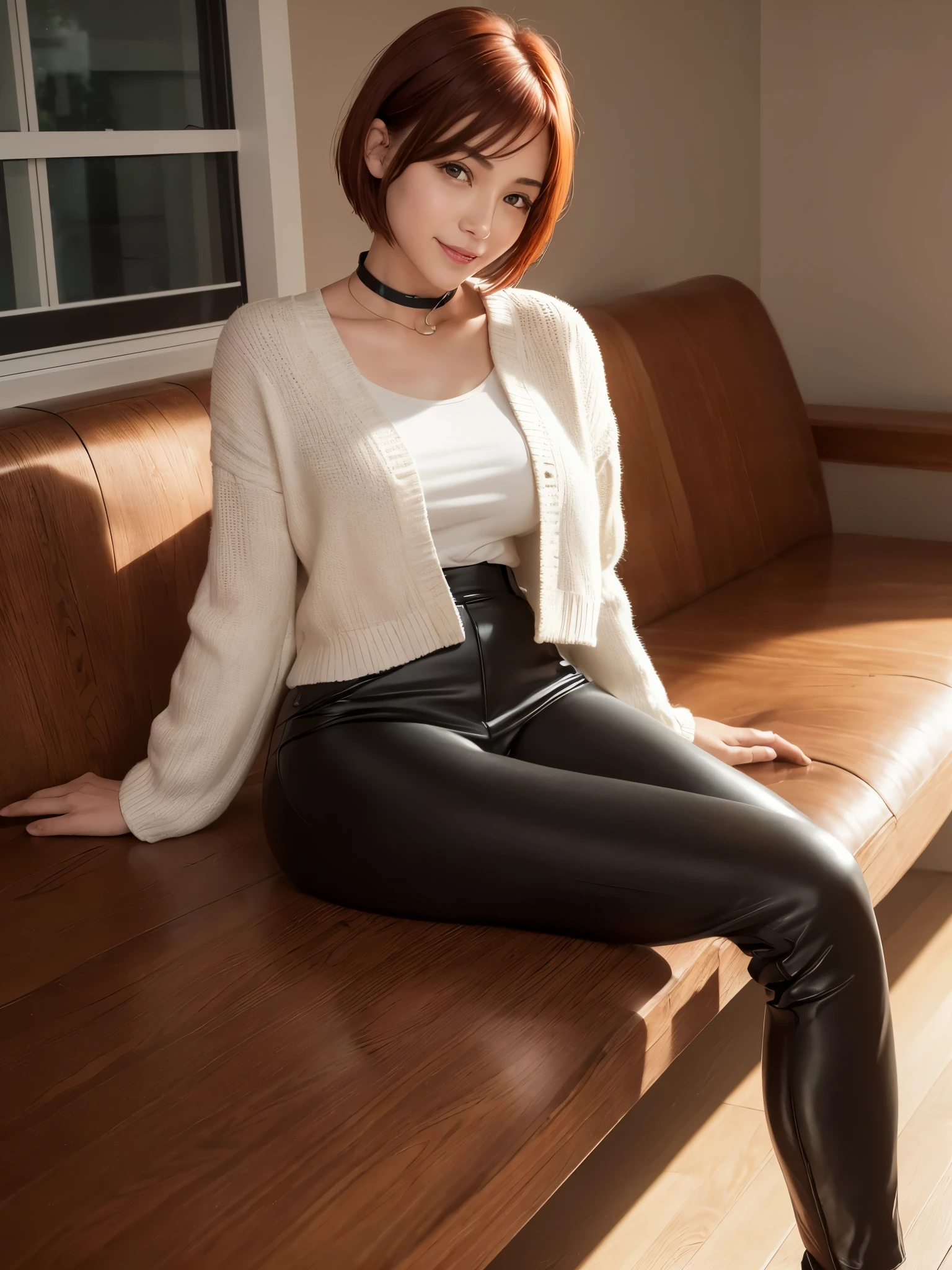 8k, super detail, best quality, textured skin, anatomically correct, masterpiece , top quality, cinematic lighting, Use perspective throughout , surrealism , ,(photorealistic:1. 3),(RAW photo) , black hair, light smile, short hair, bob cut, anaglyph, stereogram, (MILF:1), (38 years old), ((Close:0.5)), glare, double eyelids, lip gloss, (smile:1), ((eyes closed:0.85)), red mouth, collar bone, ((looking at viewer)), (short auburn hair wet and shiny), (full body in view) , Slightly thicker body shape , wide-eyed eyes , perfectly round eyes , fine texture ,(A mansion built by the lake)、(I can see the lake from the window)、(Beautiful wood grain wallboard、wooden desk、large leather sofa)、(white wool jacket)、(Black pants)、(Viewed from the front at a 45 degree angle)、(sitting on the sofa with legs together)、