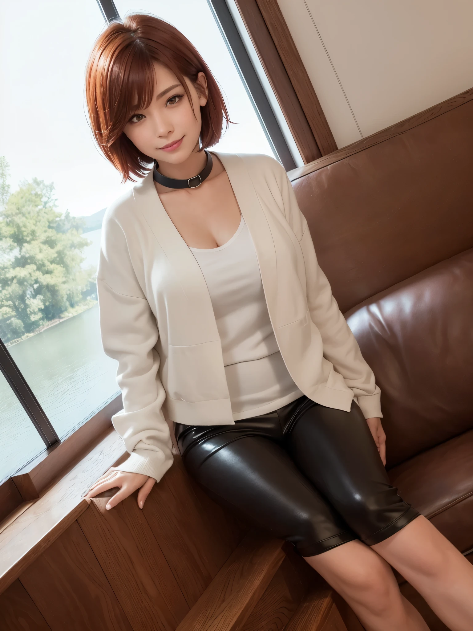 8k, super detail, best quality, textured skin, anatomically correct, masterpiece , top quality, cinematic lighting, Use perspective throughout , surrealism , ,(photorealistic:1. 3),(RAW photo) , black hair, light smile, short hair, bob cut, anaglyph, stereogram, (MILF:1), (38 years old), ((Close:0.5)), glare, double eyelids, lip gloss, (smile:1), ((eyes closed:0.85)), red mouth, collar bone, ((looking at viewer)), (short auburn hair wet and shiny), (full body in view) , Slightly thicker body shape , wide-eyed eyes , perfectly round eyes , fine texture ,（A mansion built by the lake）、（I can see the lake from the window）、（Beautiful wood grain wallboard、wooden desk、large leather sofa）、（white wool jacket）、（Black pants）、（Viewed from the front at a 45 degree angle）、（sitting on the sofa with legs together）、