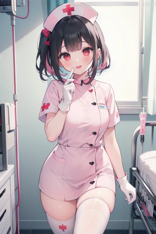 1girl, solo, nurse, nurse cap, white wear, ((white legwear, zettai ryouiki)), white gloves, pink hair,  drooping eyes, ((covered nose)), standing, ((hospital room)), sharp outline, short sleeves, best quality, masterpiece，Fleshy，Red eyes，Fleshy，Black hair，happy，lol，Heart