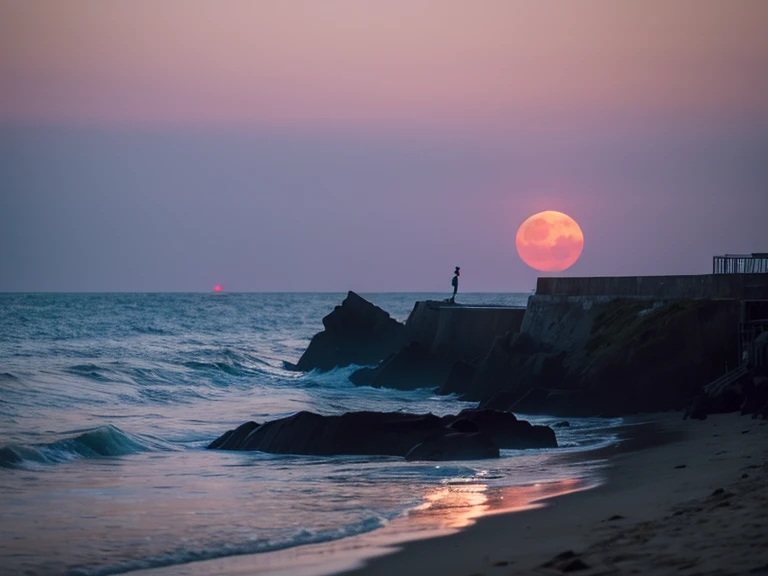 ((best quality)), ((masterpiece)), (detailed), moon，seaside，Sunset，dark，Messy，unmanned